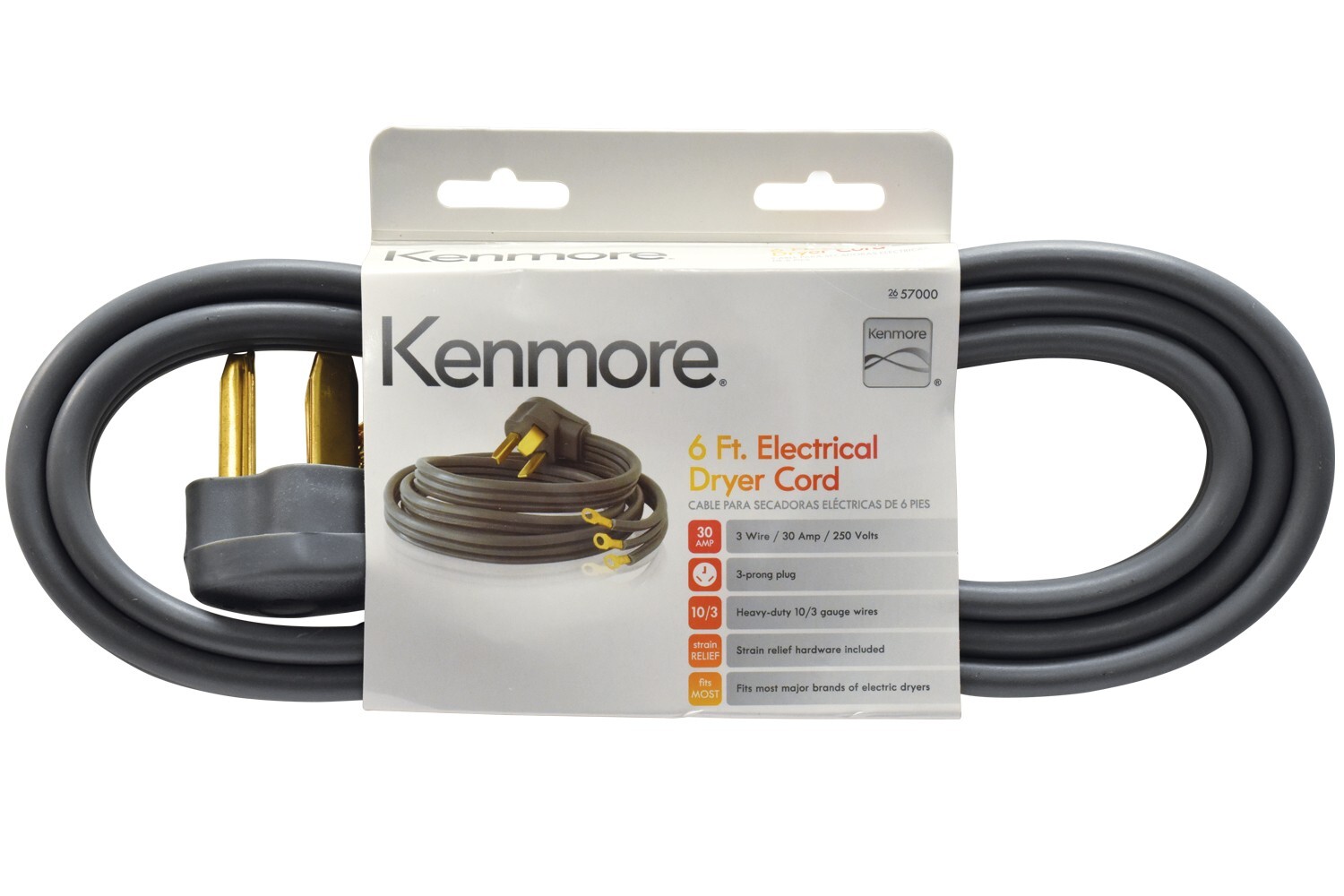 Kenmore 6 FT. Electrical Dryer Cord 3 Wire 30A 250V 3 Prong Gray 26-57000 Kenmore 6 FT. Electrical Dryer Cord 3 Wire 30A 250V 3 Prong Gray 26-57000