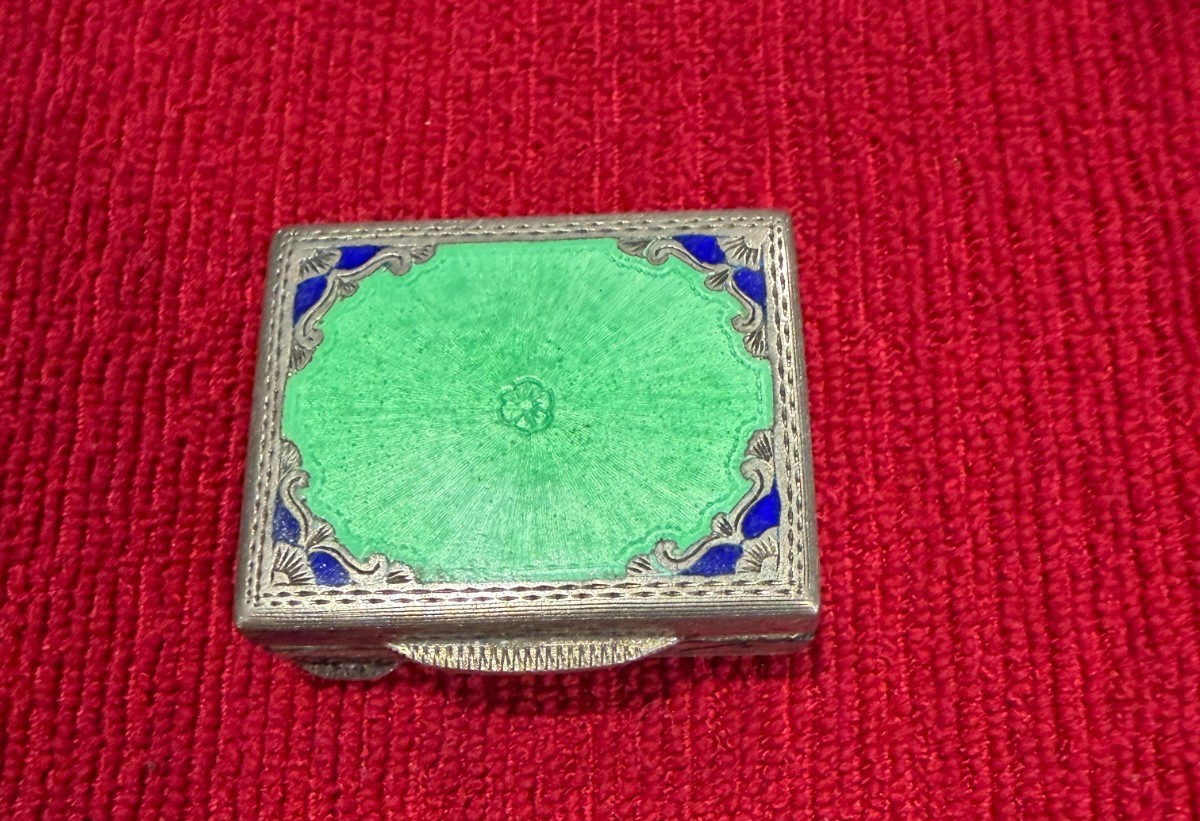 Antique German Art Deco 800 Silver Guilloche Enamel Pill Box Vermeil Gilt AW