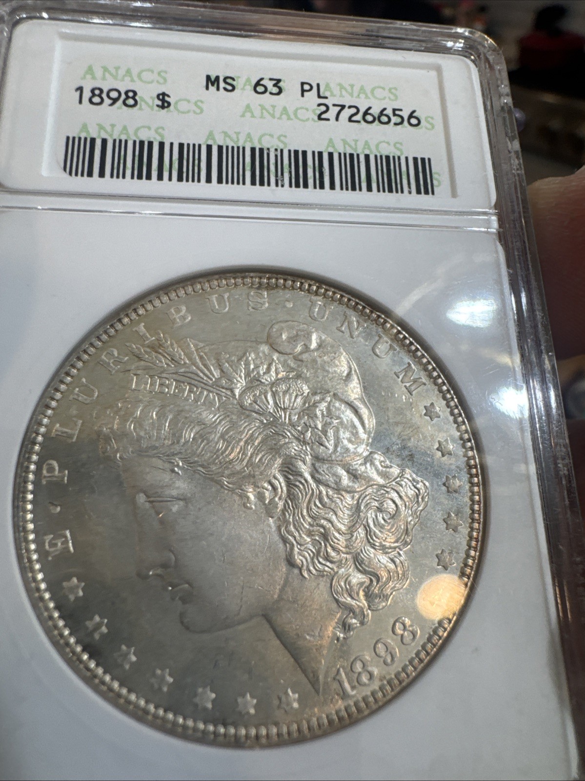 1898 p morgan silver dollar $1 Proof Like, Ms63 Pl, Anacs Certified Soap Box 1898 p morgan silver dollar $1 Proof Like, Ms63 Pl, Anacs Certified Soap Box