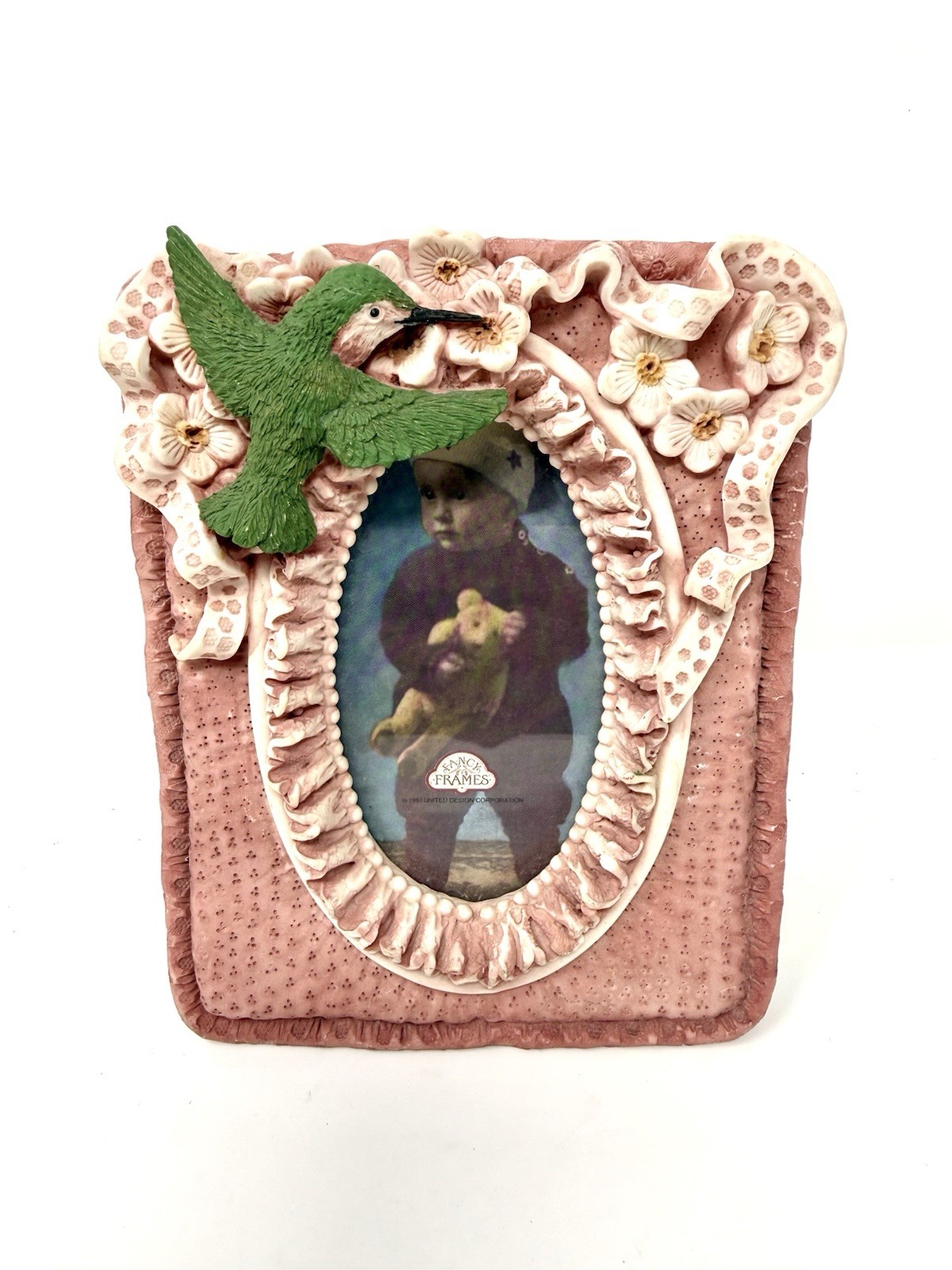 Vintage 1991 Pink Floral & Hummingbird Photo Picture Frame Raised Roses Flowers Vintage 1991 Pink Floral & Hummingbird Photo Picture Frame Raised Roses Flowers