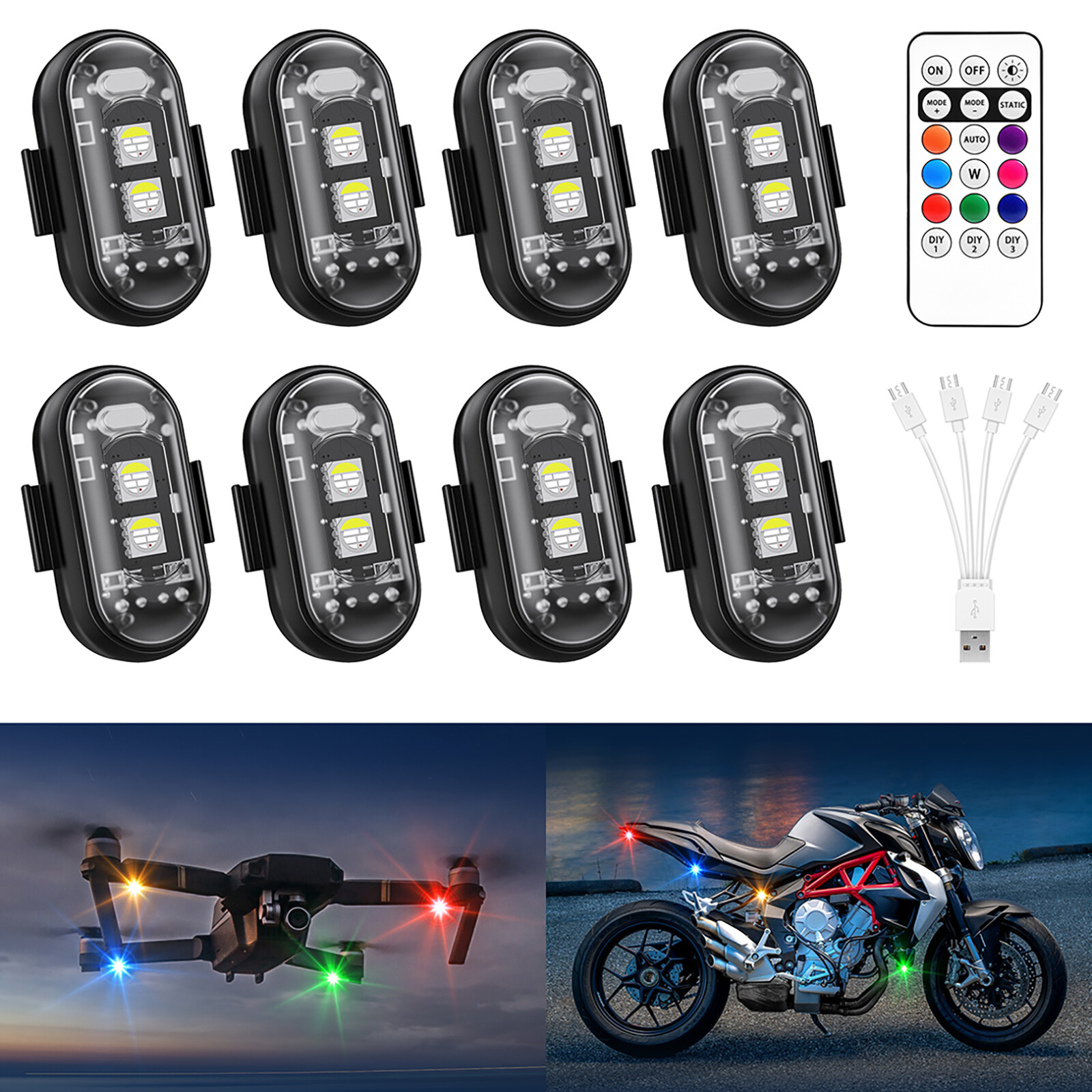 8 LED Wireless RGB Strobe Lights Kit with Remote Control & USB Recharge (8 Pods) 8 LED Wireless RGB Strobe Lights Kit with Remote Control & USB Recharge (8 Pods)