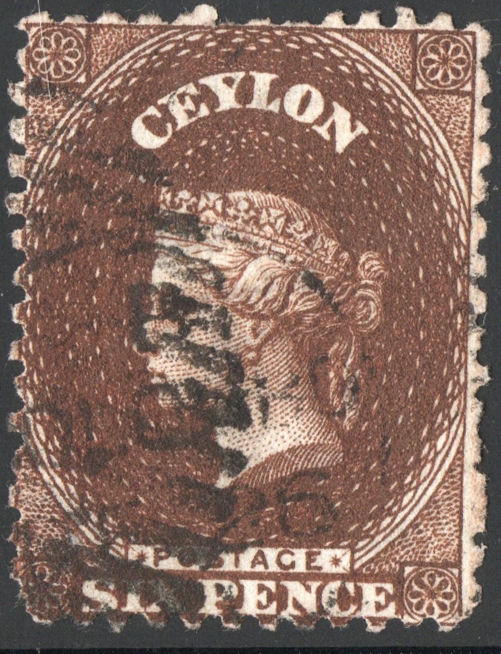 CEYLON 1863-67 QV 6P CHOCLATE BRWN  SC#A1/53d/WMK CROWN SMALL CC, BARD OVAL CNCL
