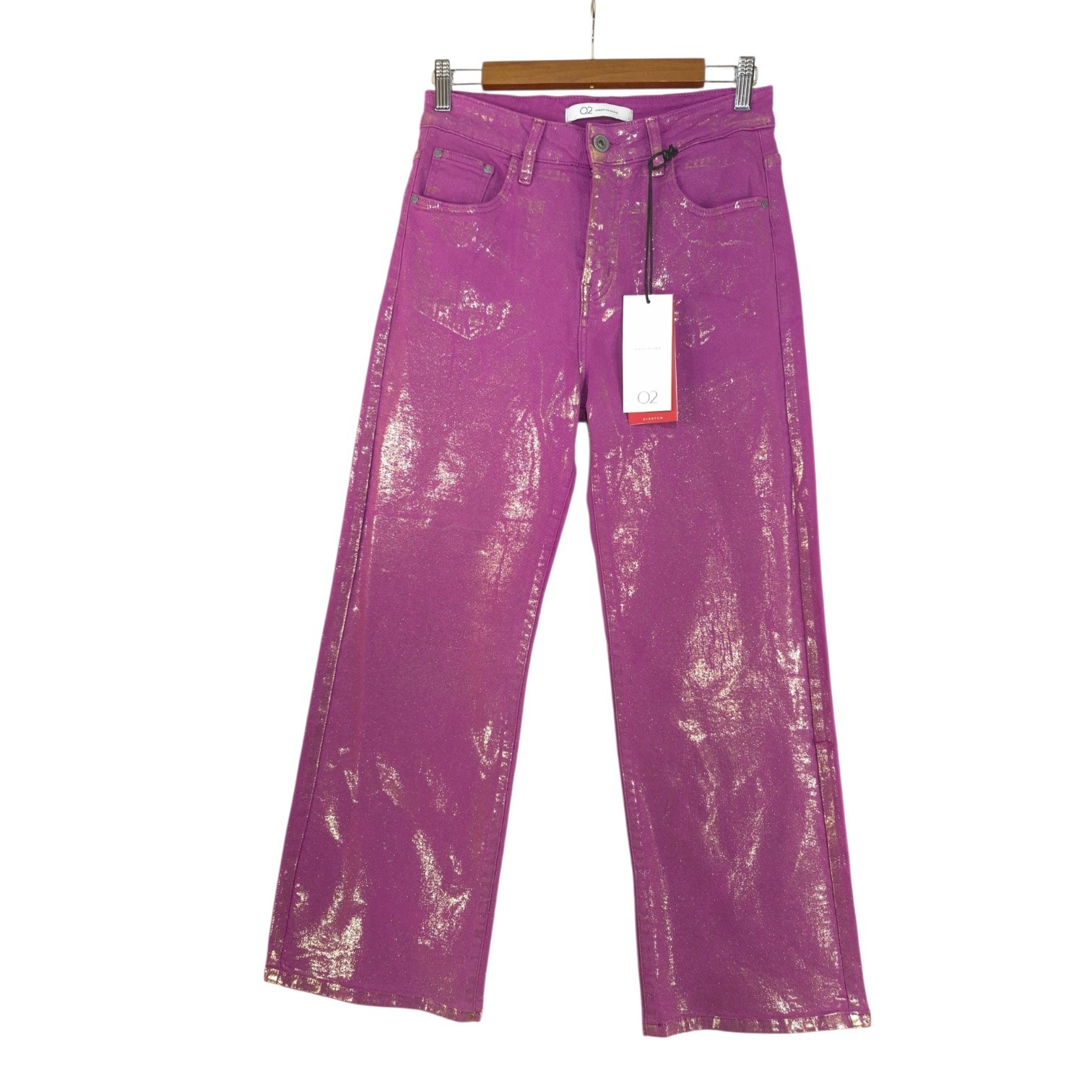 Q2 Premium Denim Womens Fuchsia Metallic Gold Jeans Wide Straight Stretch Large Q2 Premium Denim Womens Fuchsia Metallic Gold Jeans Wide Straight Stretch Large