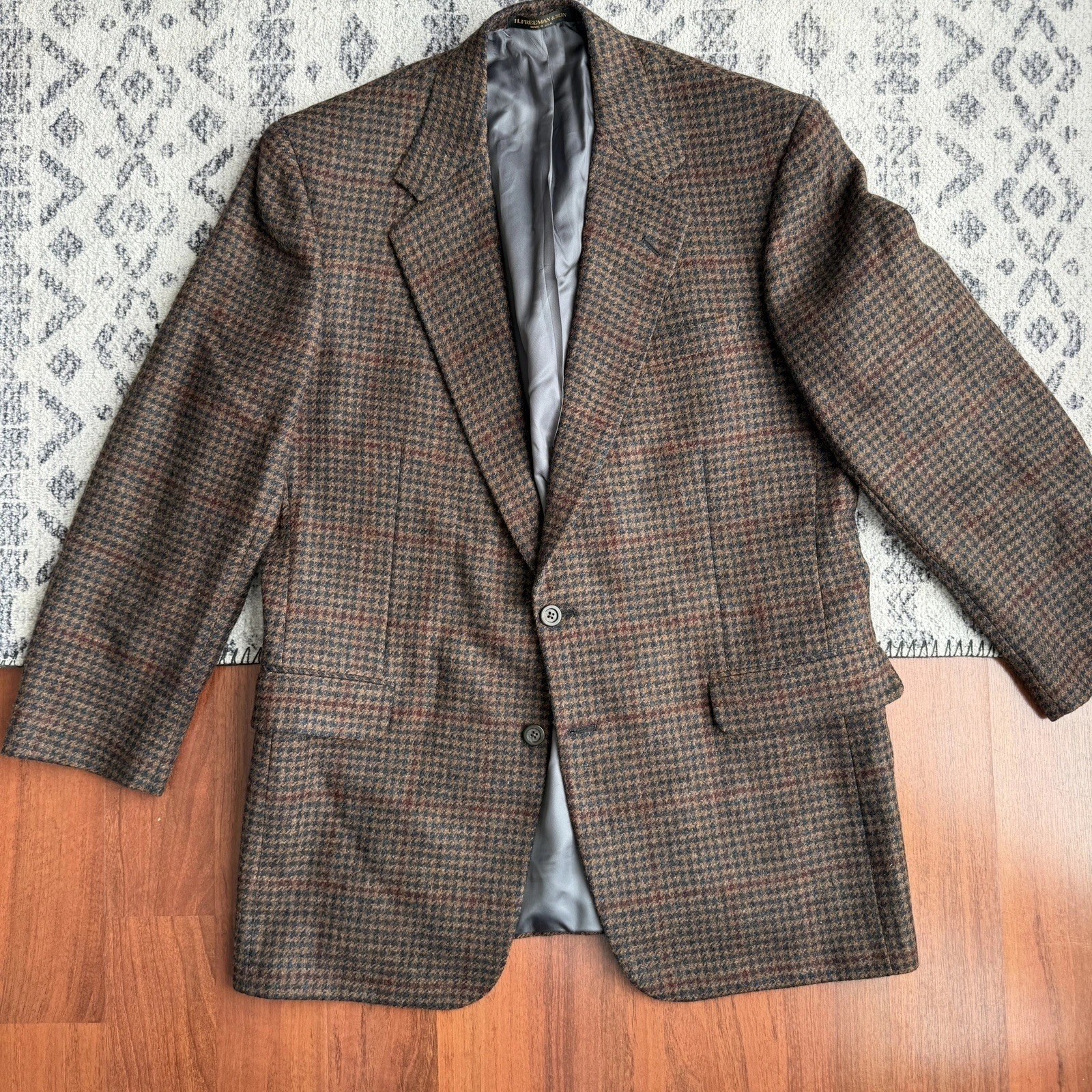Vtg Hickey Freeman 100% Pure Wool Tweed Blazer Mens 44L Houndstooth Brown Vtg Hickey Freeman 100% Pure Wool Tweed Blazer Mens 44L Houndstooth Brown