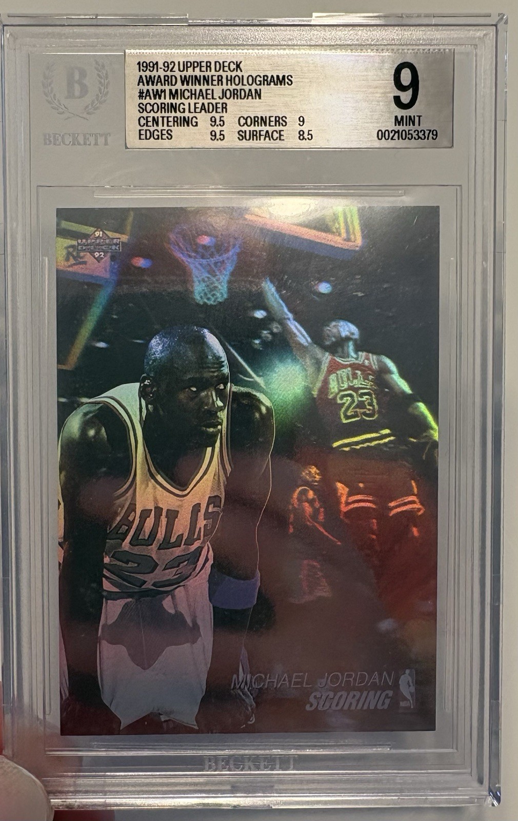 1991-92 Upper Deck Michael Jordan #AW1 Award Winner Holograms Scoring BGS Mint 9 1991-92 Upper Deck Michael Jordan #AW1 Award Winner Holograms Scoring BGS Mint 9