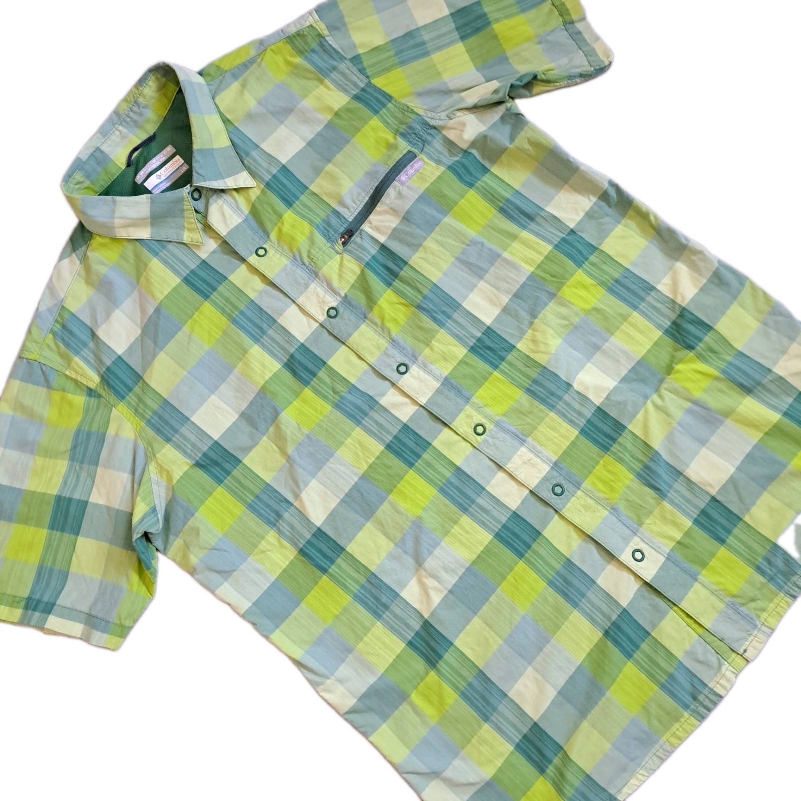 Columbia Men's Shirt Large Green Plaid Short Sleeve Hiking Performance 