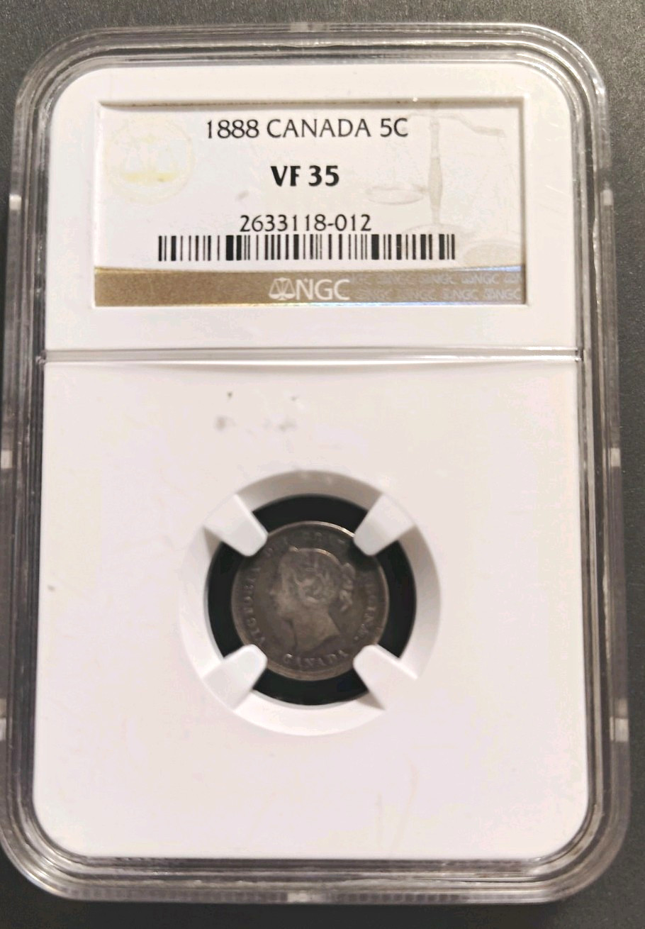1888 Canada 5C Silver 0.925 NGC VF35 Obverse 2 KM#2 Five Cents 1888 Canada 5C Silver 0.925 NGC VF35 Obverse 2 KM#2 Five Cents