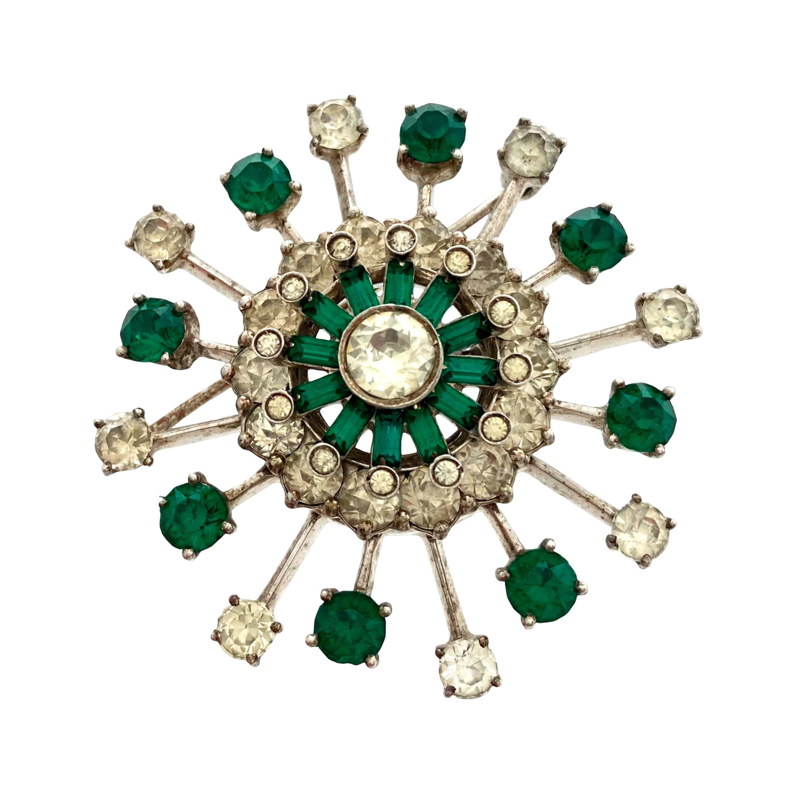Vintage 1940s Signed STERLING Green Rhinestone Atomic Brooch, Unsigned DuJay Pin