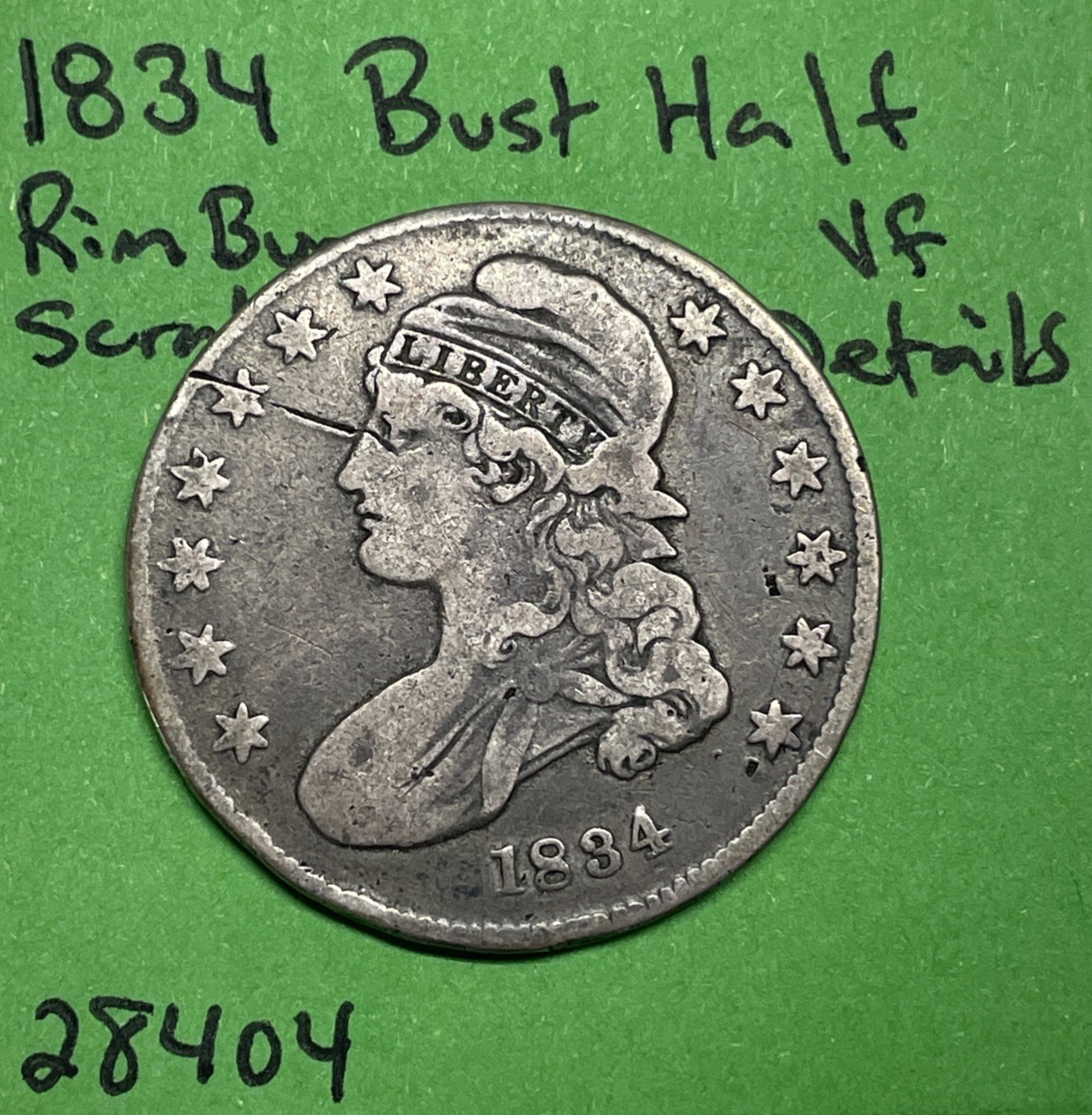 1834 Capped Bust Silver Half Dollar 50c Vf Very Fine Rim Bumps & Scratch 1834 Capped Bust Silver Half Dollar 50c Vf Very Fine Rim Bumps & Scratch