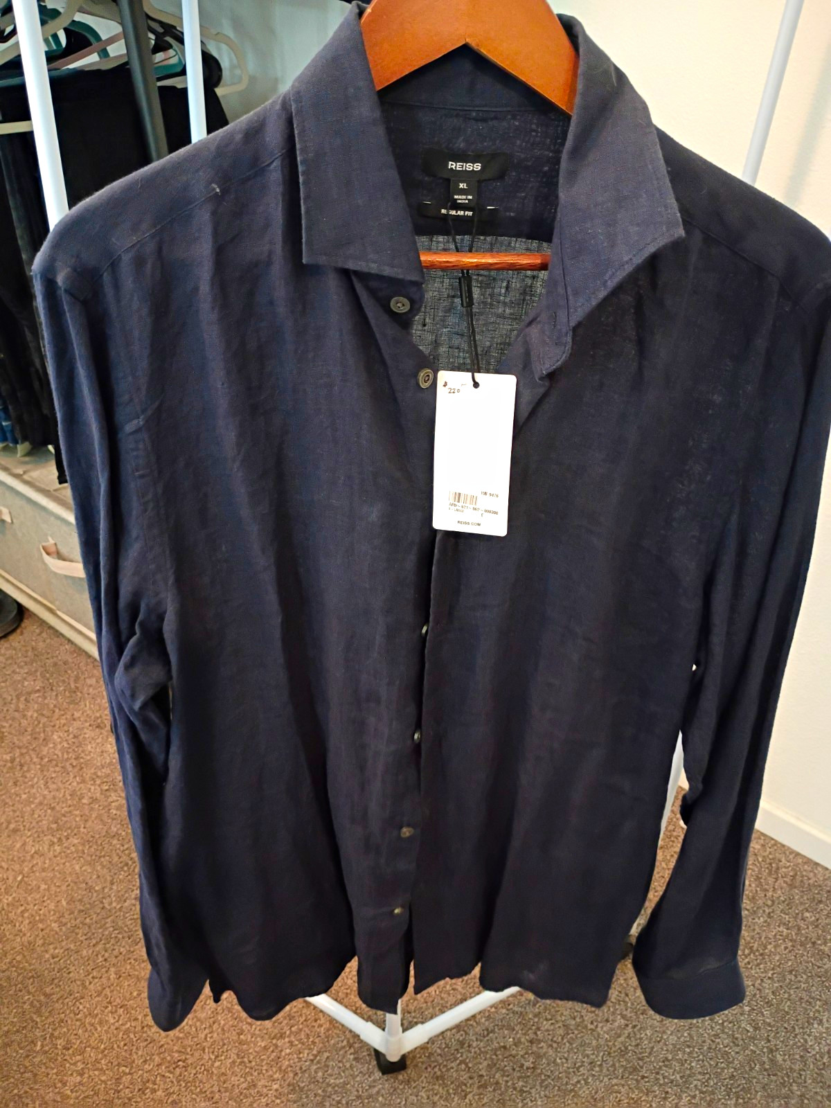 REISS Men\'s Linen Button-Up Shirt Long Sleeve Point Collar Navy Regular Fit XL REISS Men\'s Linen Button-Up Shirt Long Sleeve Point Collar Navy Regular Fit XL