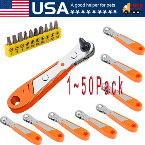 Ratcheting Right Angle Screwdriver Hex Drive 90 Degree Offset + 10pc Bits Set