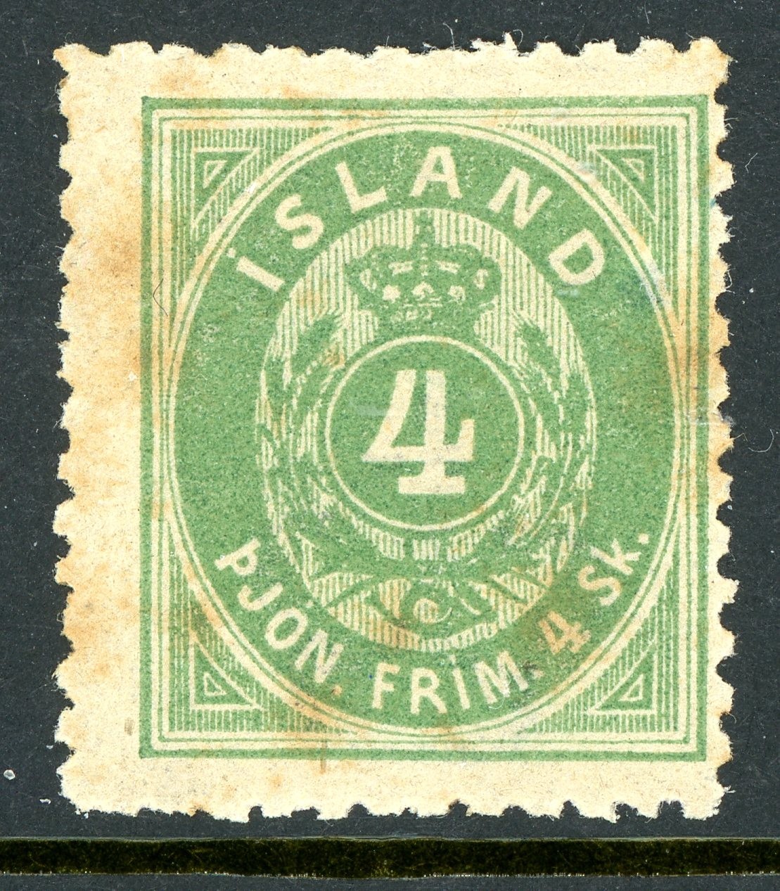 Iceland 1873 Numeral Official 4 Skilling Green Perf 12½ Scott # O3 Mint T823 Iceland 1873 Numeral Official 4 Skilling Green Perf 12½ Scott # O3 Mint T823