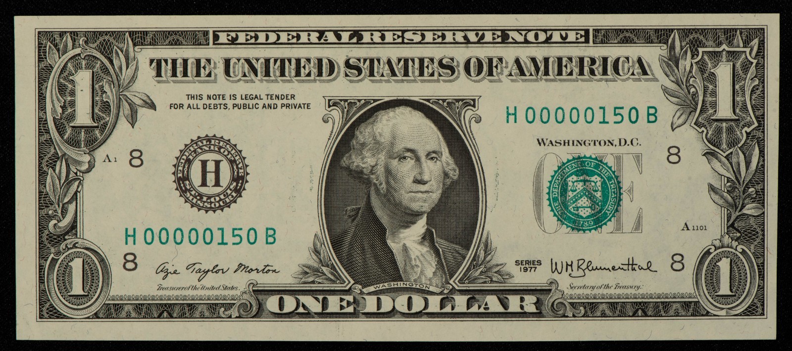 1977 $1 FRN Federal Reserve Note - FR 1909H - Low Serial No 150 - UNC - CU0039 1977 $1 FRN Federal Reserve Note - FR 1909H - Low Serial No 150 - UNC - CU0039