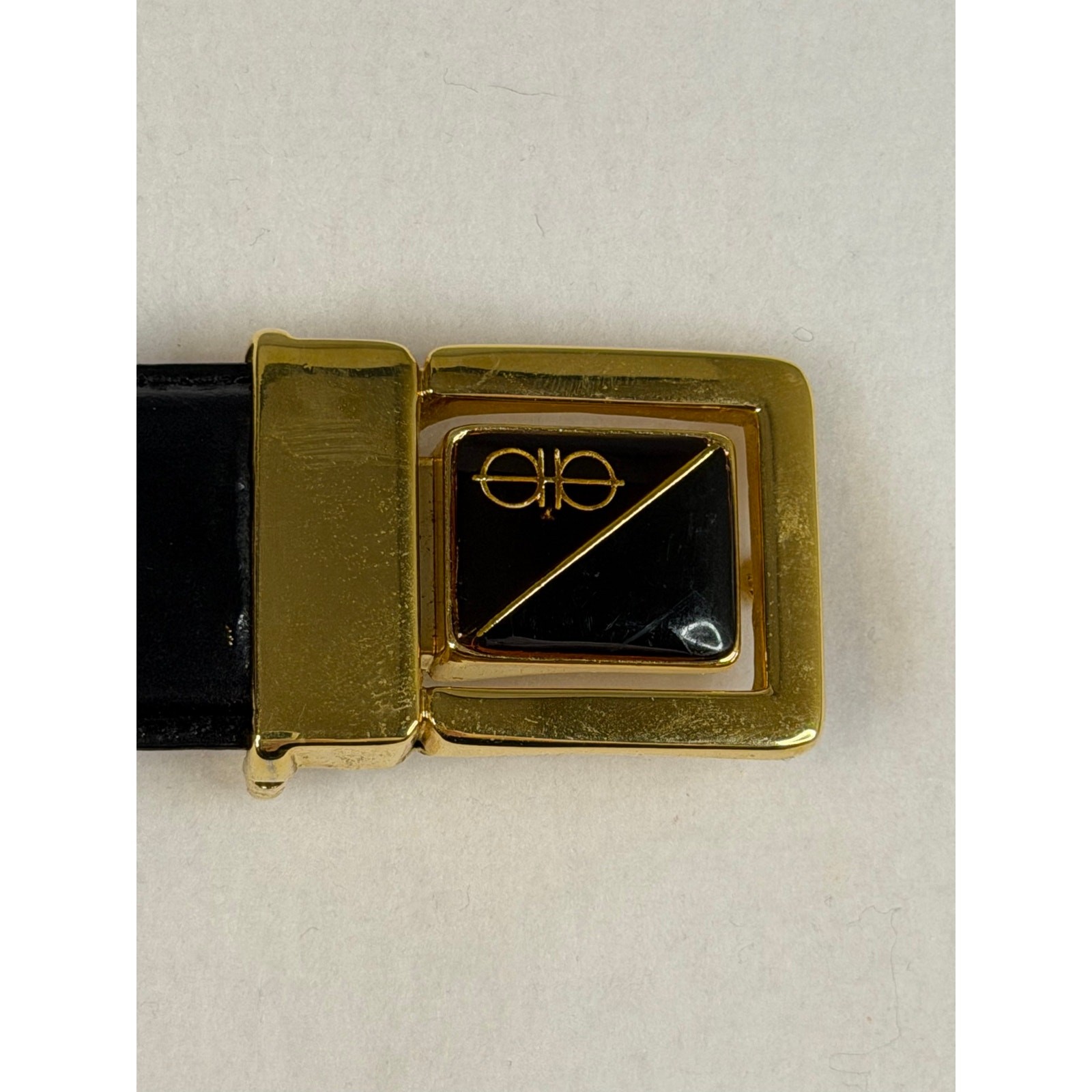 Vintage ELLE Black Croc Embossed Leather Belt Gold Geometric Buckle 80s