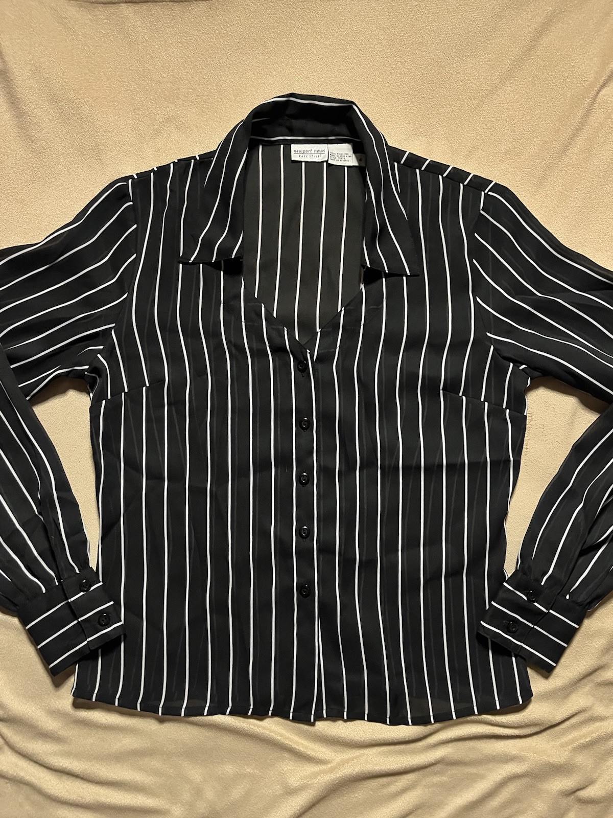 Vintage Newport News Easy Style Sheer Pinstripe Blouse Womens 4 Black Silver Y2K
