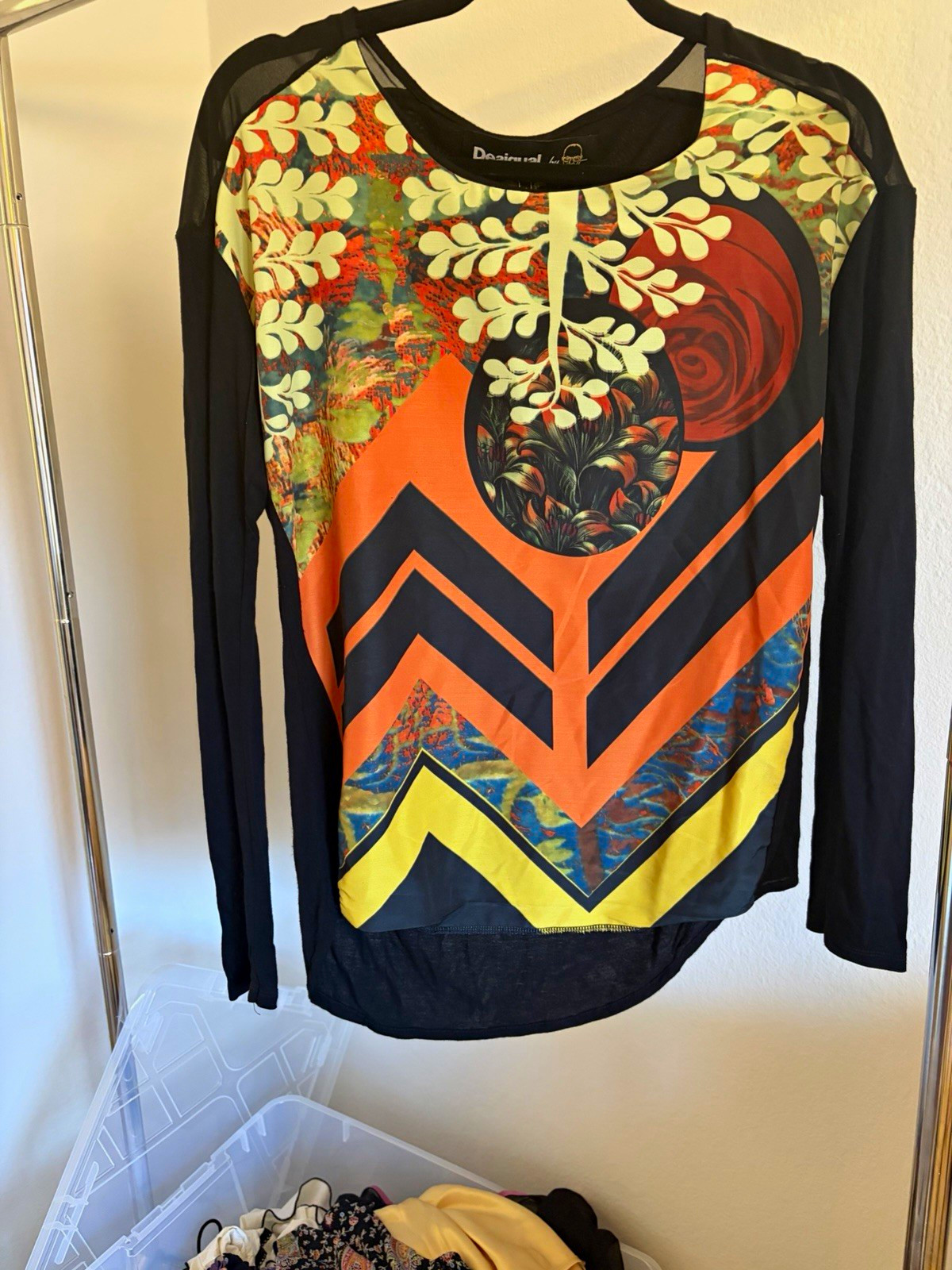 Desigual Women Sheer Mesh Floral Top Long Sleeve Round Neck Pullover Black