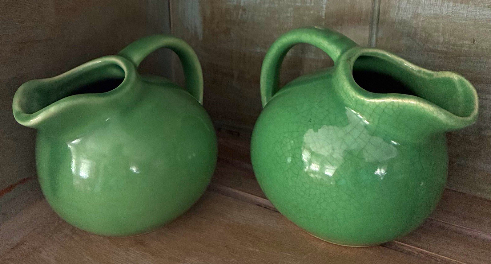 Two vintage mid century ceramic ball green creamers, USA #1 & one unmarked Two vintage mid century ceramic ball green creamers, USA #1 & one unmarked