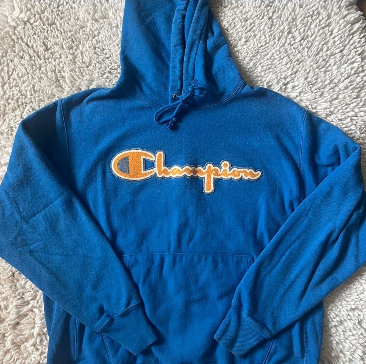 Champion Reverse Weave Hoodie Size Large Blue Felt Applique Spell Out Champion Reverse Weave Hoodie Size Large Blue Felt Applique Spell Out