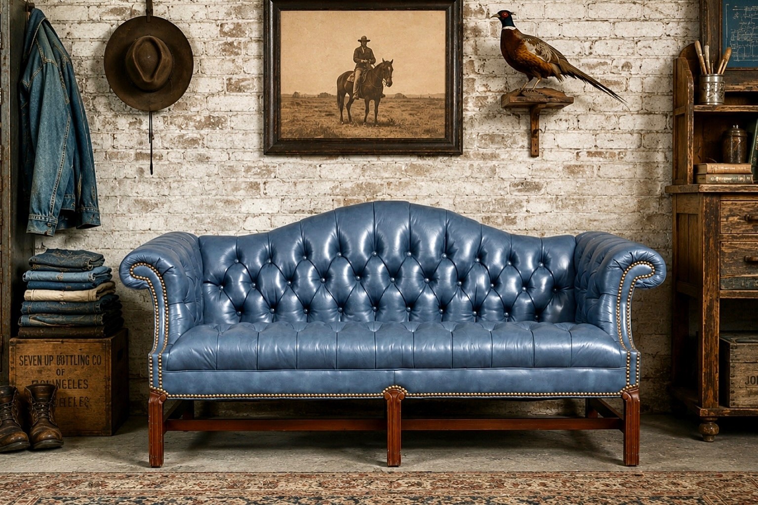 Vintage Camelback tufted Leather chesterfield sofa in blue Vintage Camelback tufted Leather chesterfield sofa in blue