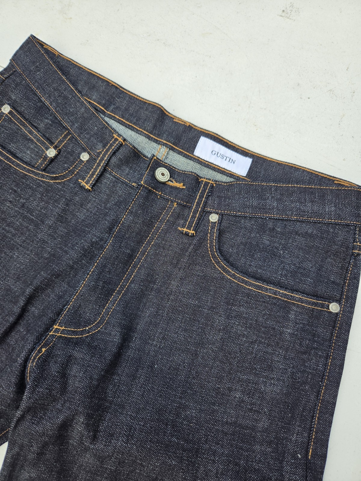 Gustin Selvedge Men\'s California Straight 34 Button Fly Denim Jeans Dark Wash