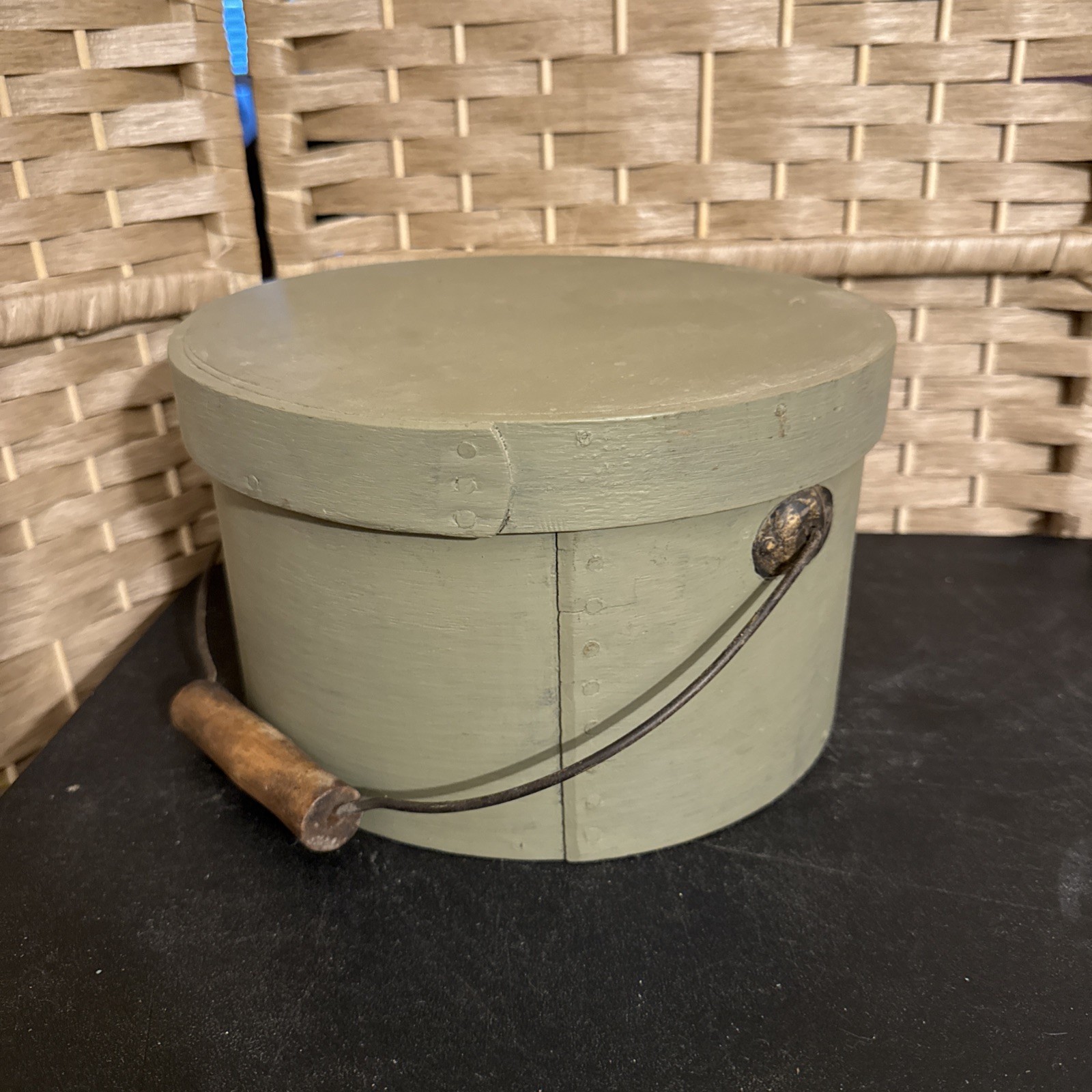 Antique Bail Handle Pantry Box In Old Green Paint 9 1/4” Wide Maine 5. 1/2 Antique Bail Handle Pantry Box In Old Green Paint 9 1/4” Wide Maine 5. 1/2