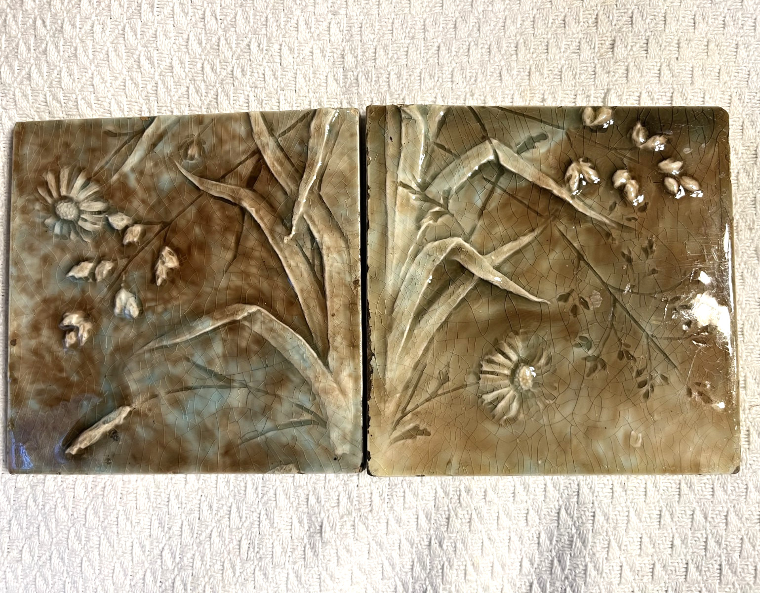 Pair Antique Trent Ceramic/Majolica Embossed Floral Tiles Pair Antique Trent Ceramic/Majolica Embossed Floral Tiles
