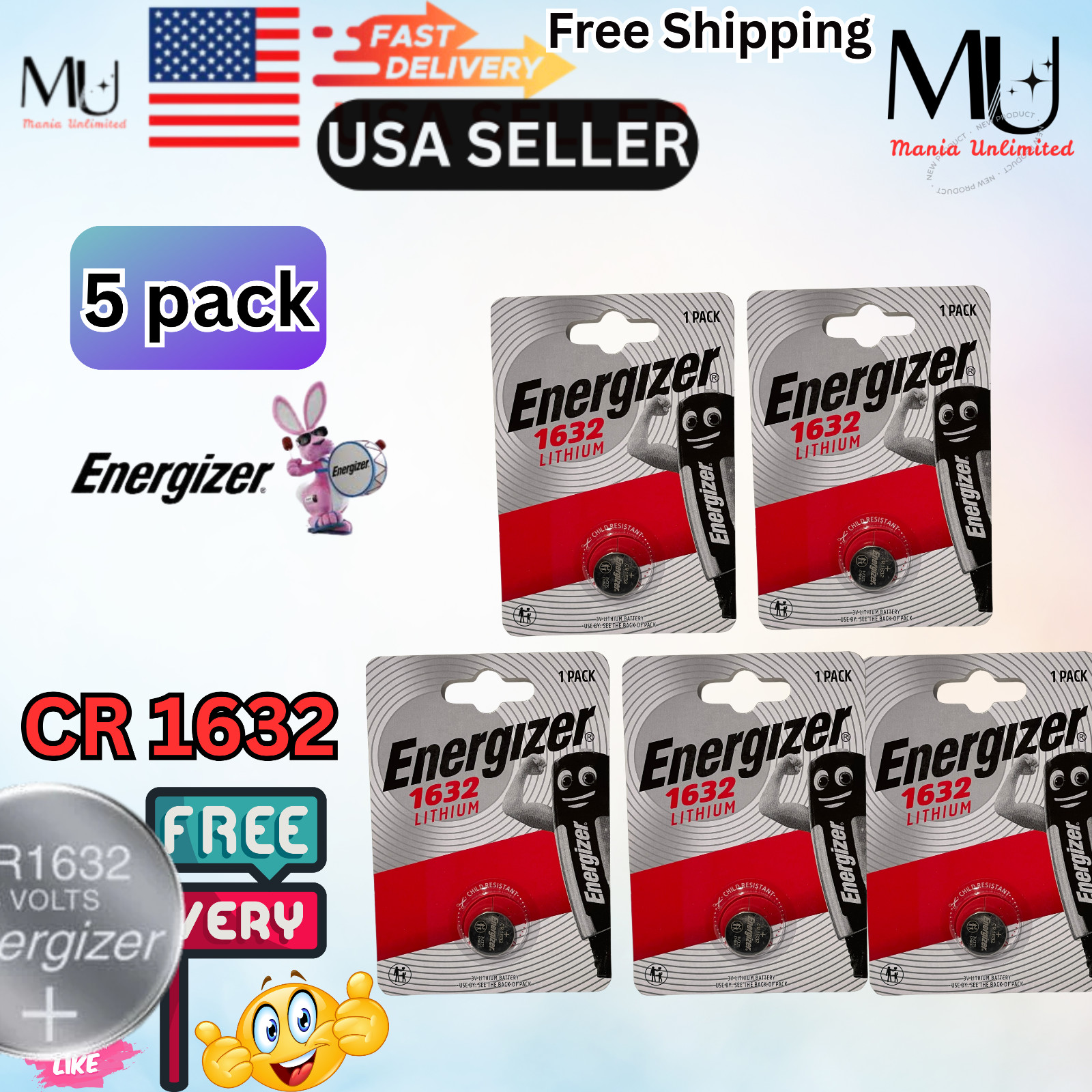 5X Pack Energizer CR 1632  ECR1632 Fresh Stock Lithium 3V Battery Exp Date 2034+