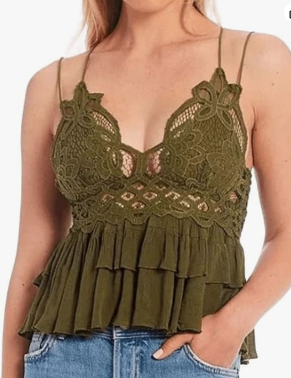 Free People Olive Green Cami Tank Top Sparrow Green Ruffle Womens Size XS NWT