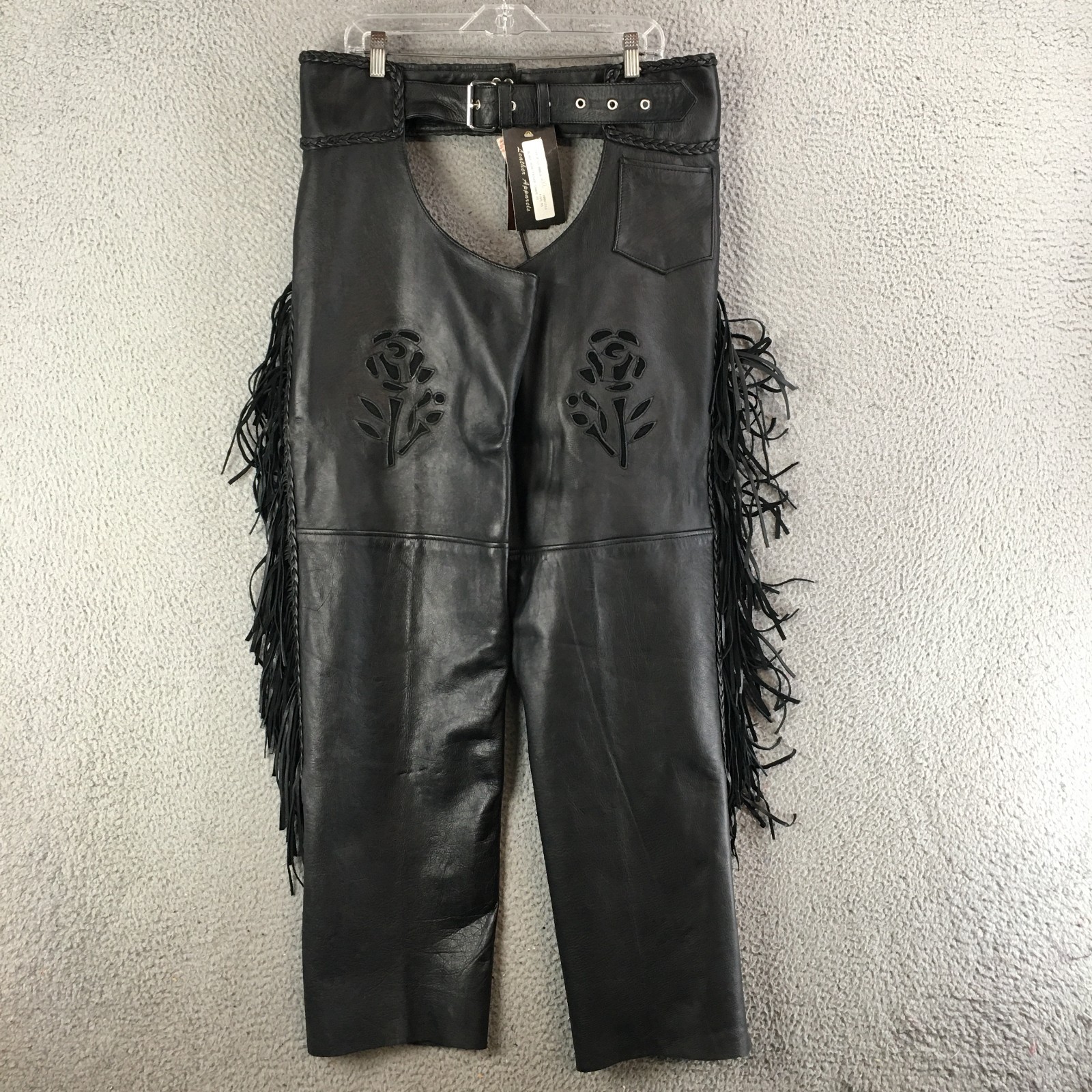 Vintage UNIK Leather Chaps 2XL Black Rose Cutout Fringe Biker Riding Pants NWT
