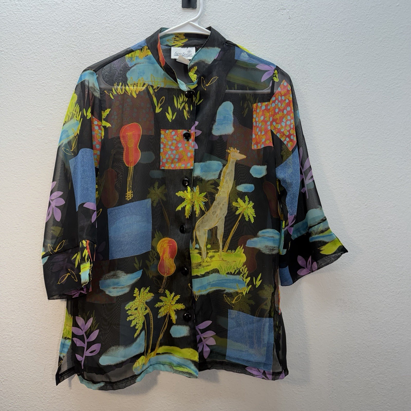 Vintage SeaSuns Sheer Blouse Small Abstract Safari Giraffe Print Button Front