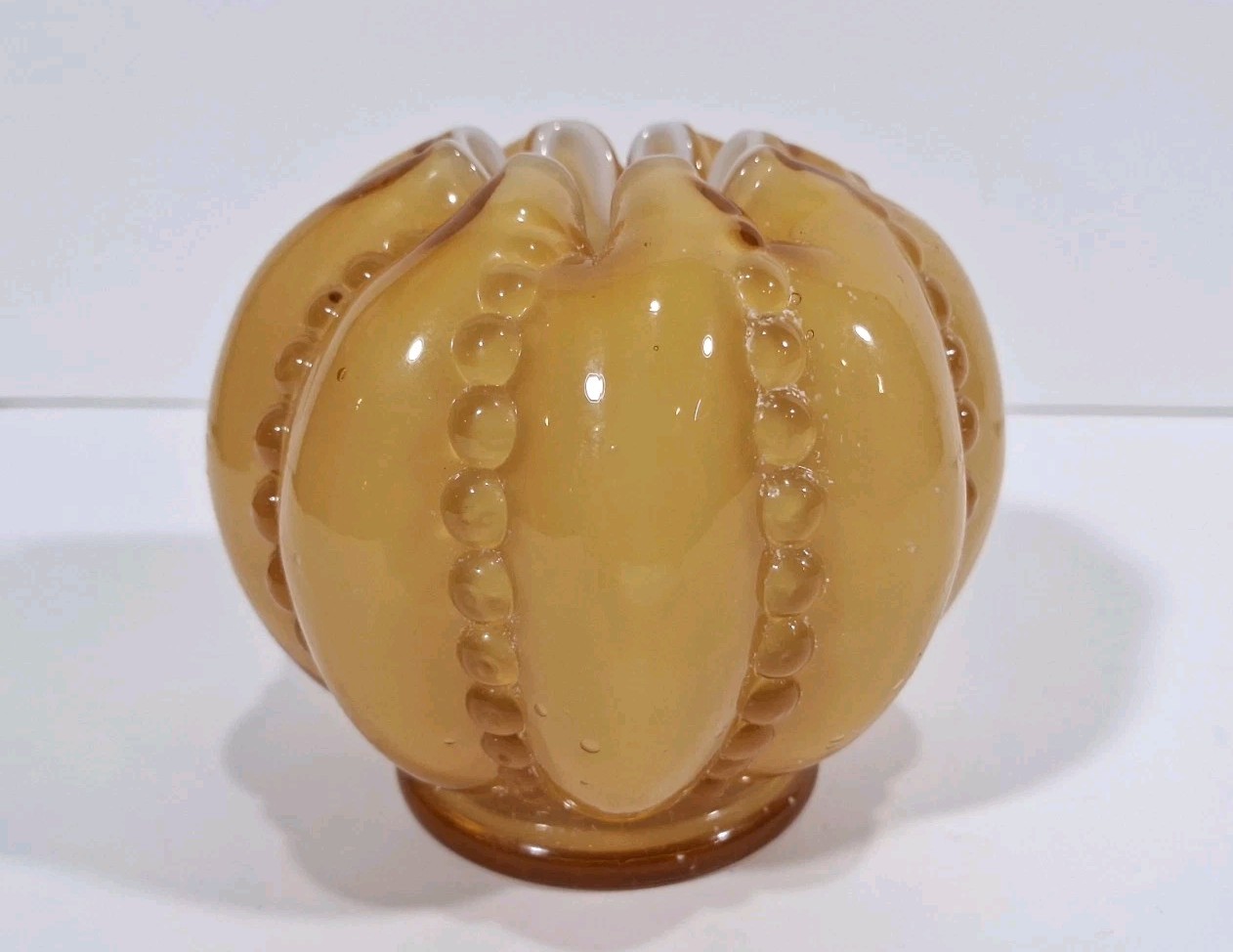 Fenton art glass ribbed beaded honey amber overlay white bowl vase vintage Fenton art glass ribbed beaded honey amber overlay white bowl vase vintage