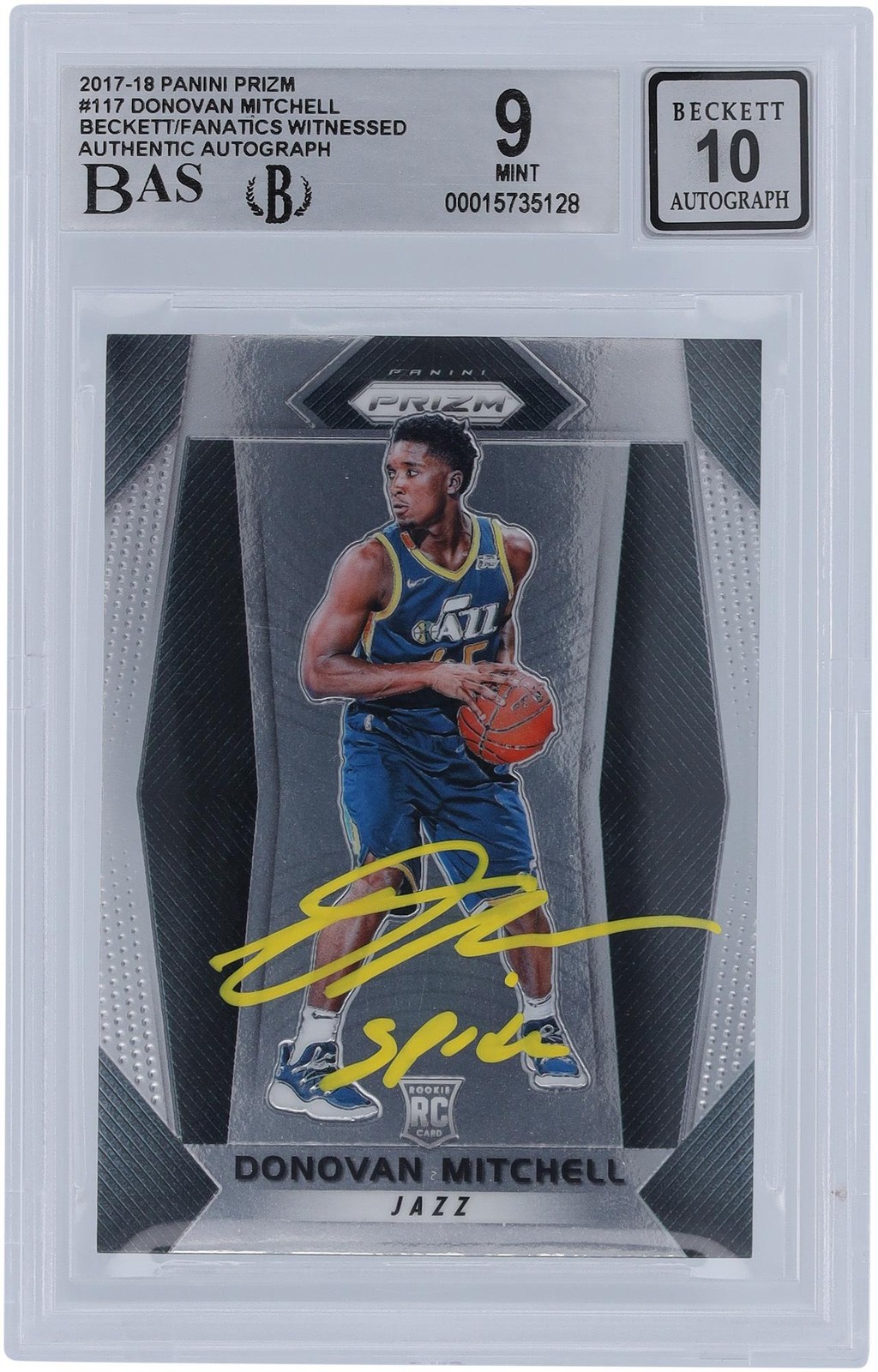 Donovan Mitchell Jazz Signed 2017-18 Panini Prizm #117 BAS 9/10 Rookie w/Insc