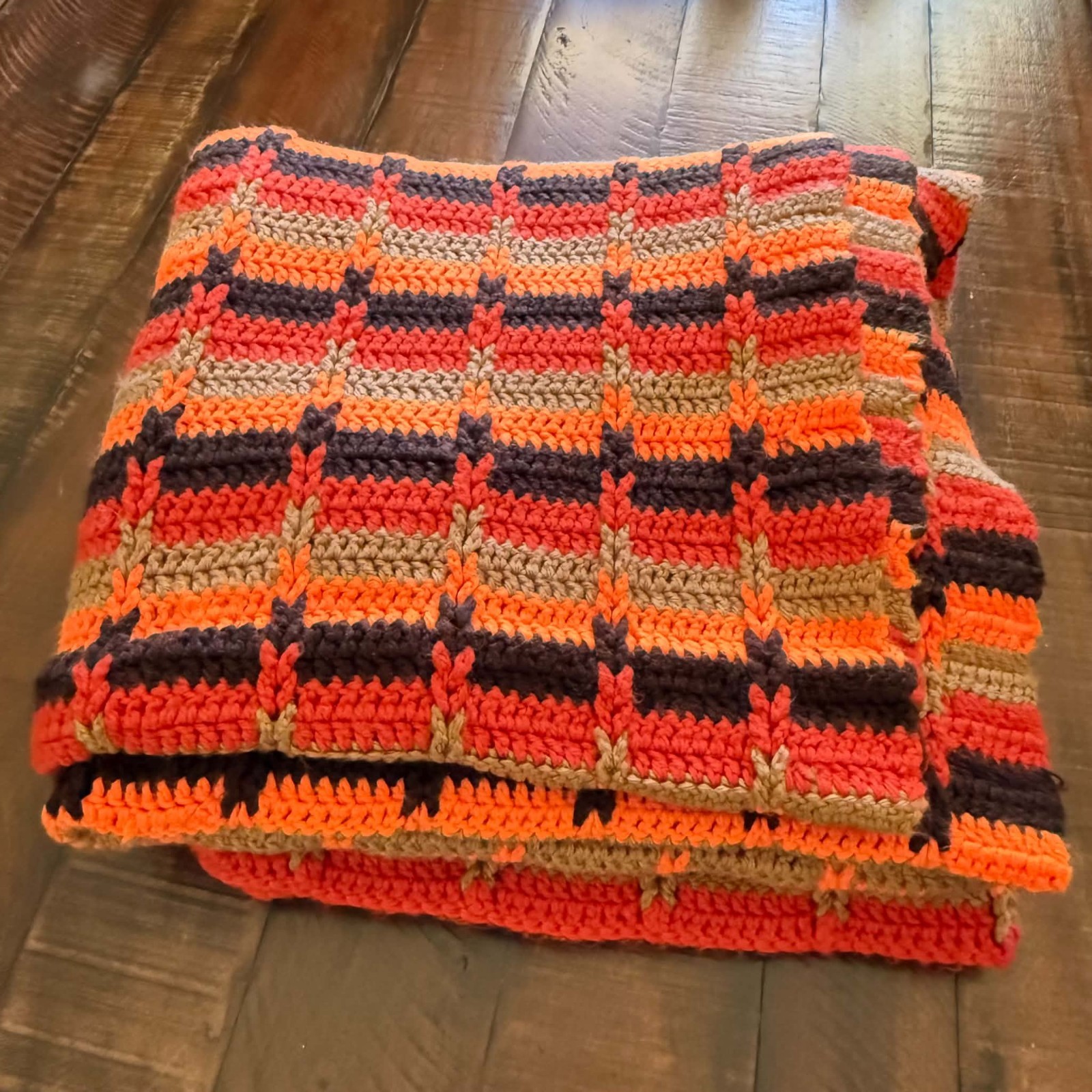Vintage 70s Crochet Afghan Blanket Large 70x70 Orange Brown Retro Boho Throw Vintage 70s Crochet Afghan Blanket Large 70x70 Orange Brown Retro Boho Throw