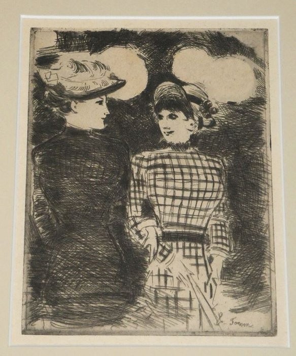 Jean Louis Forain - Signed Engraving in the Board - Two Women in Bullier