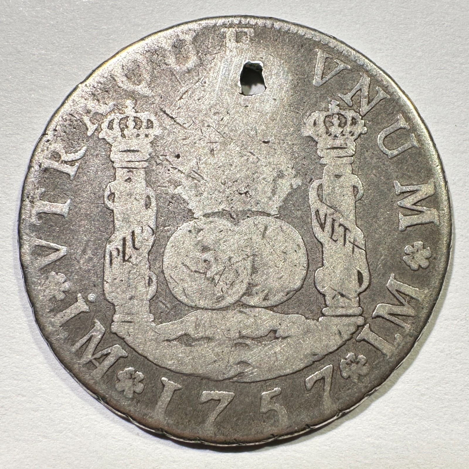 1757 Lima Peru Pillar 4 Reales Silver Rare Date and Type Holed Ferdinand VI 1757 Lima Peru Pillar 4 Reales Silver Rare Date and Type Holed Ferdinand VI