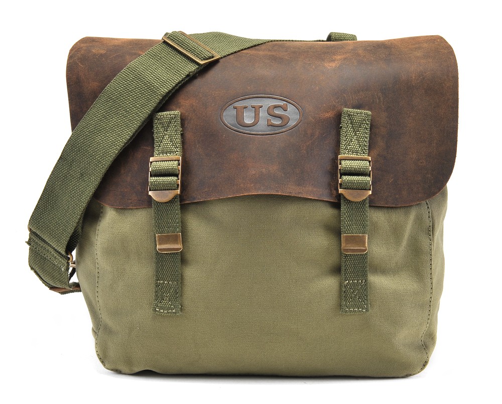 U.S. WW2  M1936 Musette Bag with Shoulder strap and Leather Flap Dark OD marked