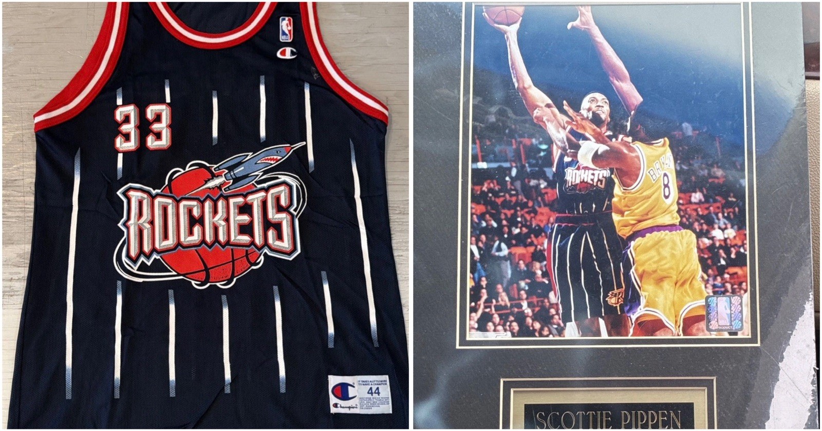 90s Champion NBA Houston Rockets Scottie Pippen #33 Jersey Sz 44 and plaque 90s Champion NBA Houston Rockets Scottie Pippen #33 Jersey Sz 44 and plaque