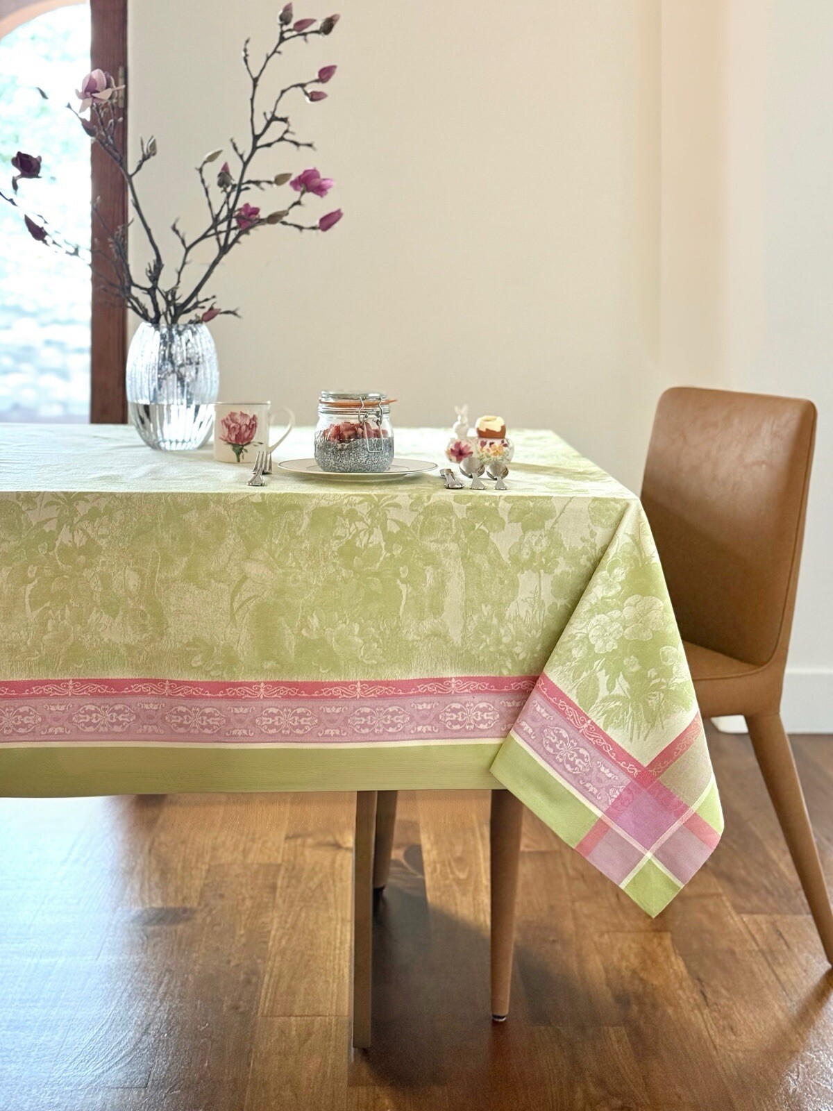 Williams Sonoma Jacquard Green & Pink Bunny Meadow Very RARE Color 70x108 NEW”