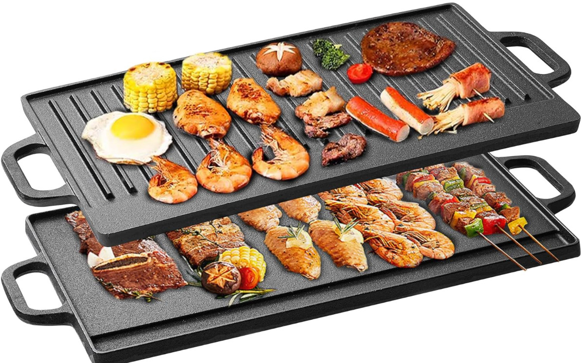 Plancha Reversible Hierro Fundido para Cocina y Parrilla Antiadherente Camping