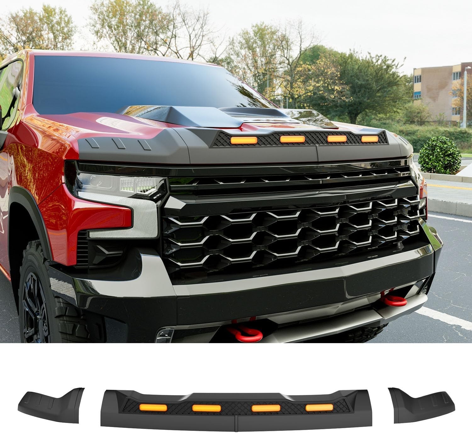 For 2019-2026 Chevy Silverado 1500 Hood Protector with LED Light Hood Deflector For 2019-2026 Chevy Silverado 1500 Hood Protector with LED Light Hood Deflector