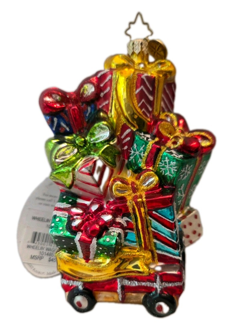 Rare Christopher Radko Wheelin Wagonload Glass Handpainted Ornament, Mint w/Tag