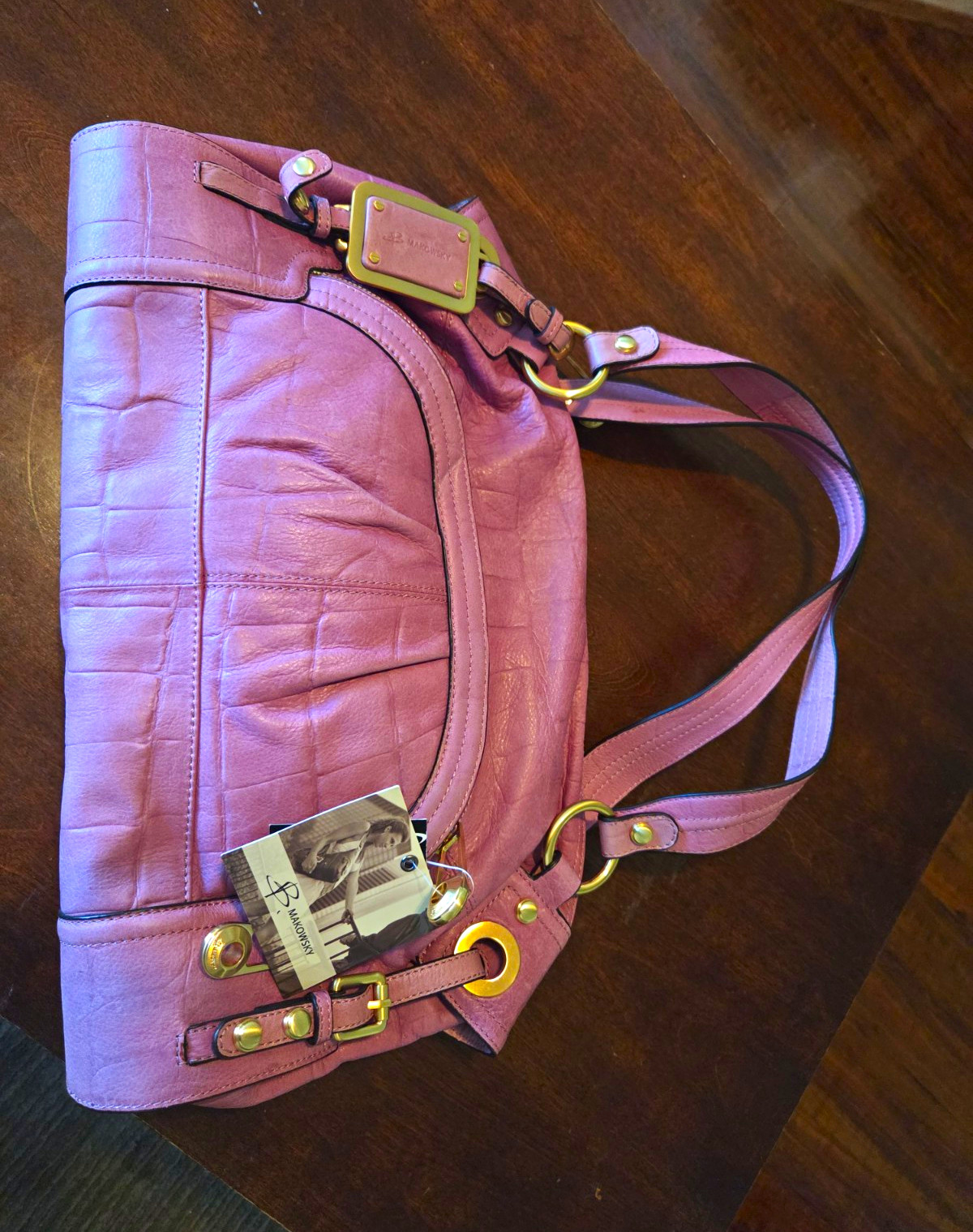 B. Makowsky Brasilia EW Satchel Pink Leather Croc Embossed Gold Zip Dust Bag B. Makowsky Brasilia EW Satchel Pink Leather Croc Embossed Gold Zip Dust Bag