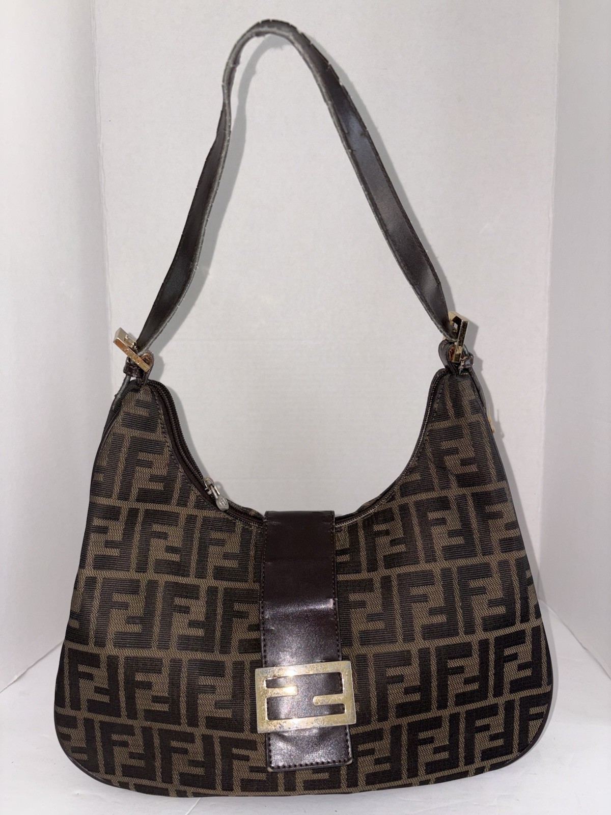 Vintage Fendi Zucca FF Monogram Brown Canvas Leather Shoulder Hobo Bag Italy