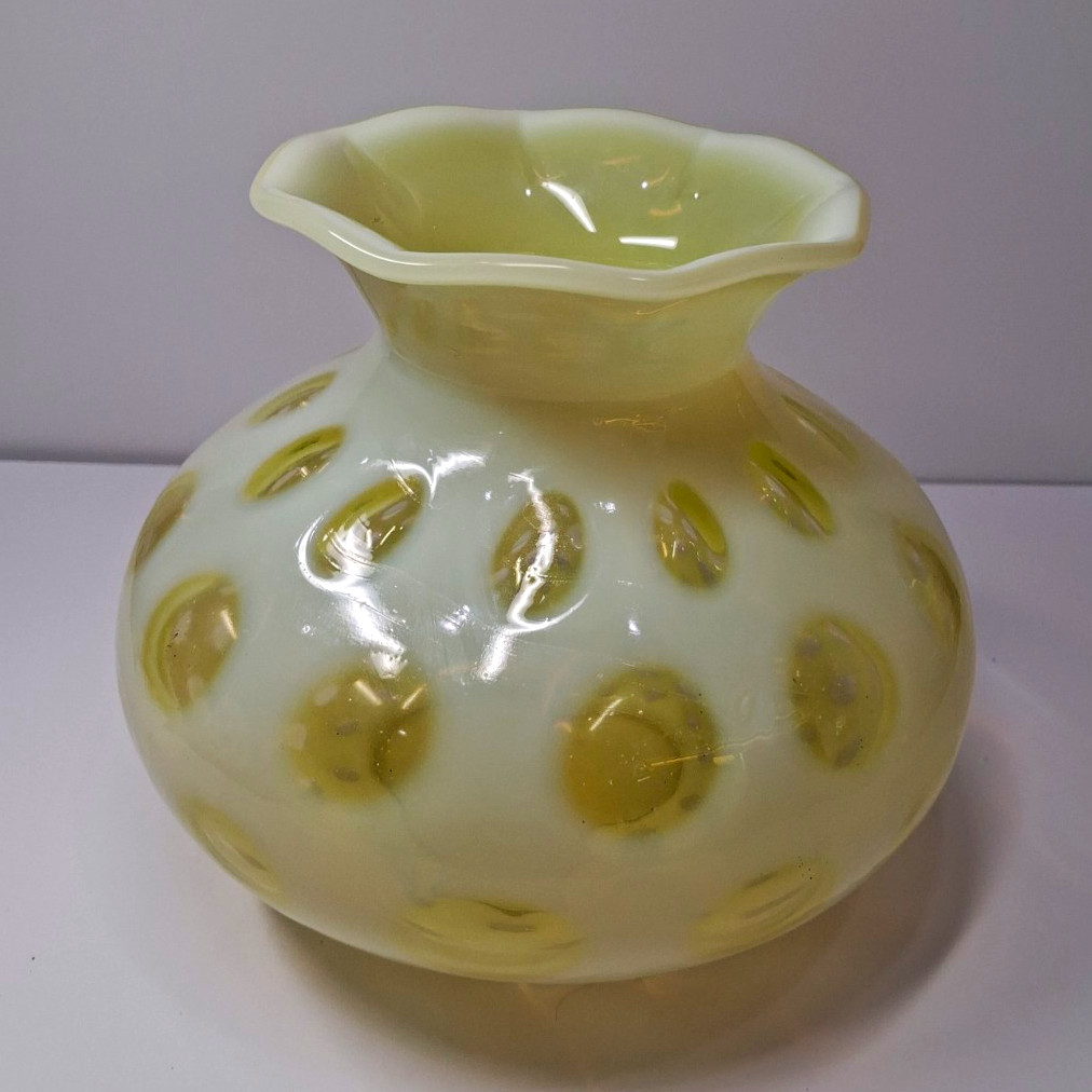 Fenton Topaz Opalescent Coin Dot Squat Vase 1440 6 Inch UV Glow Fenton Topaz Opalescent Coin Dot Squat Vase 1440 6 Inch UV Glow