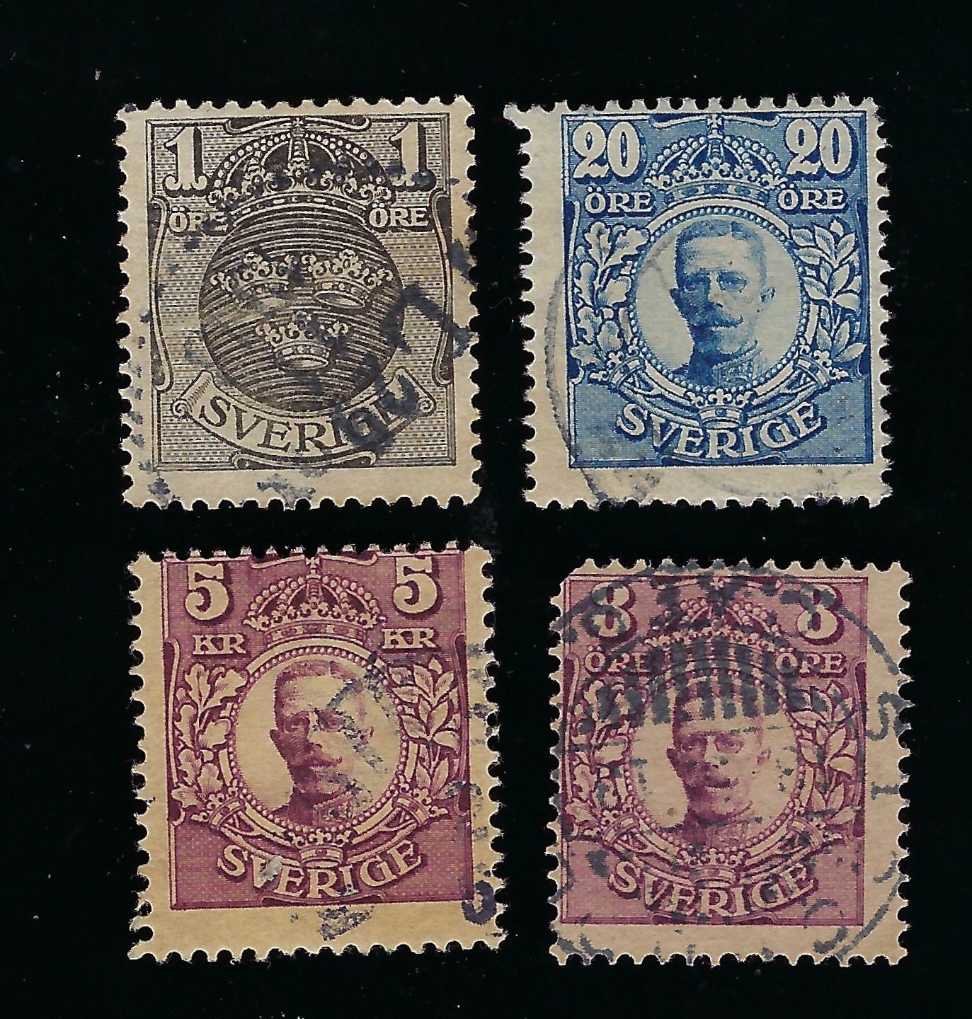 1911-1912 SWEDEN 1o, 8o, 20o & 5kr USED STAMPS SCOTT 73, 79, 83, & 95 1911-1912 SWEDEN 1o, 8o, 20o & 5kr USED STAMPS SCOTT 73, 79, 83, & 95