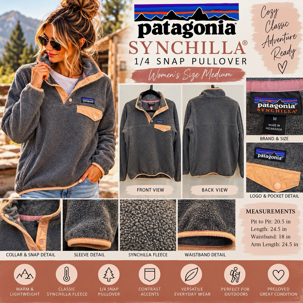 Patagonia Synchilla Snap-T Women’s M Gray Peach Fleece Pullover Gorpcore