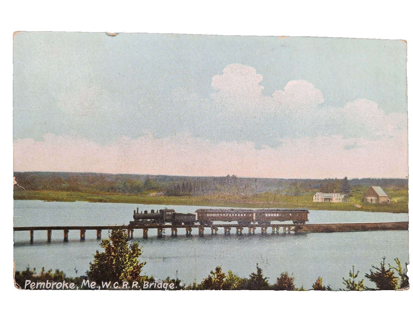 Pembroke Maine Train on W.C. R.R. Railroad Bridge Circa 1910