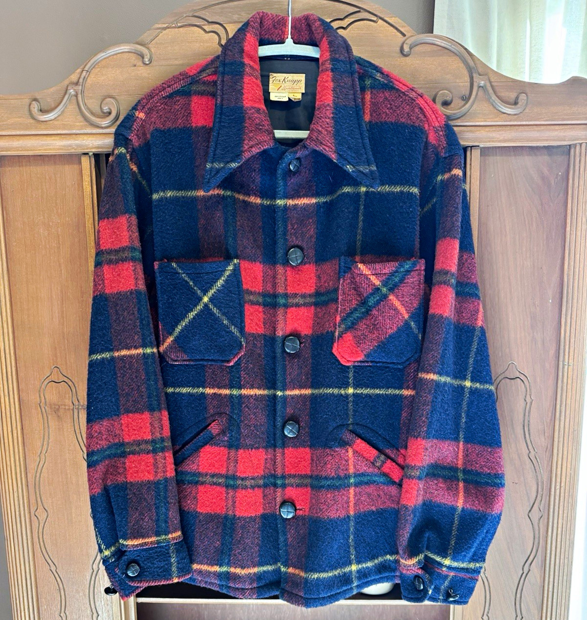 Vintage Fox Knapp Wool Plaid Jacket Men’s L Red Navy Made USA 1960s Hunting Coat Vintage Fox Knapp Wool Plaid Jacket Men’s L Red Navy Made USA 1960s Hunting Coat
