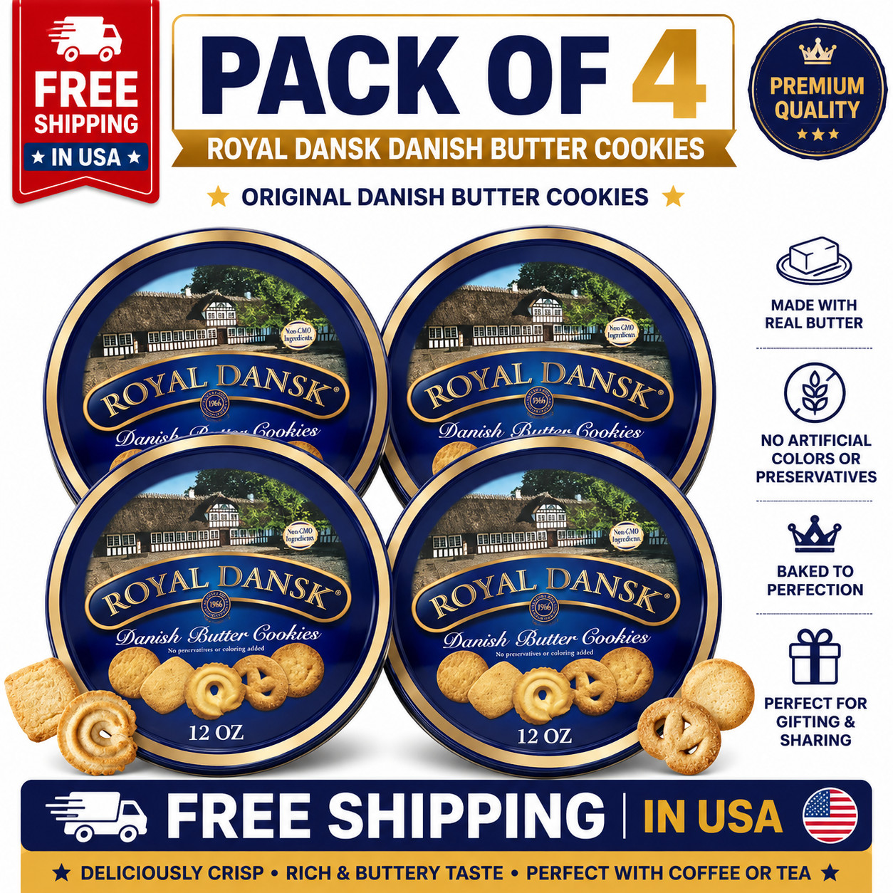 Royal Dansk Danish Cookie Selection, No Preservatives or Coloring, 12oz, 4 Pack