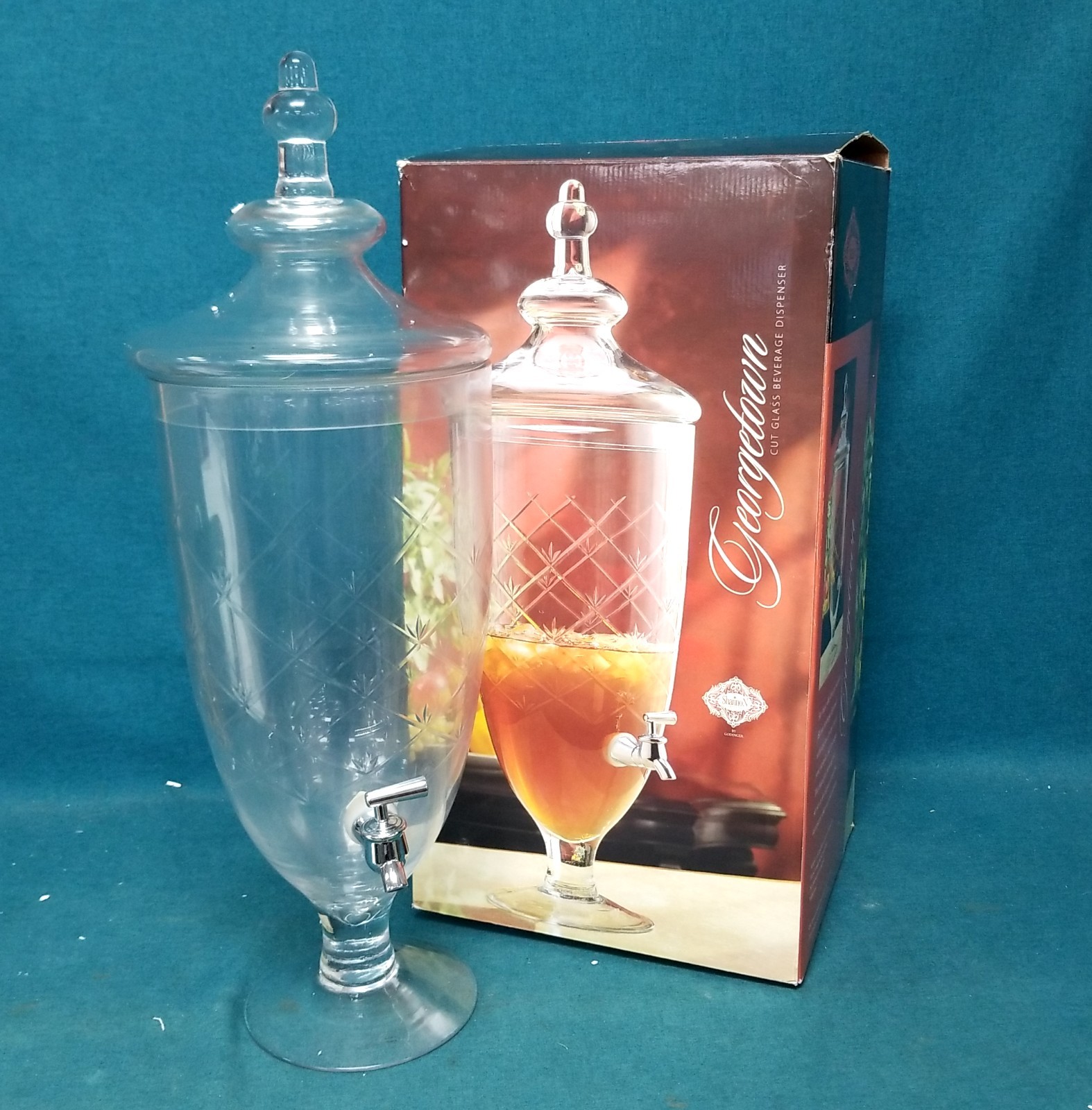 VTG Shannon Cut Crystal Godinger Glass Beverage Dispenser w Spigot & Lid w Box